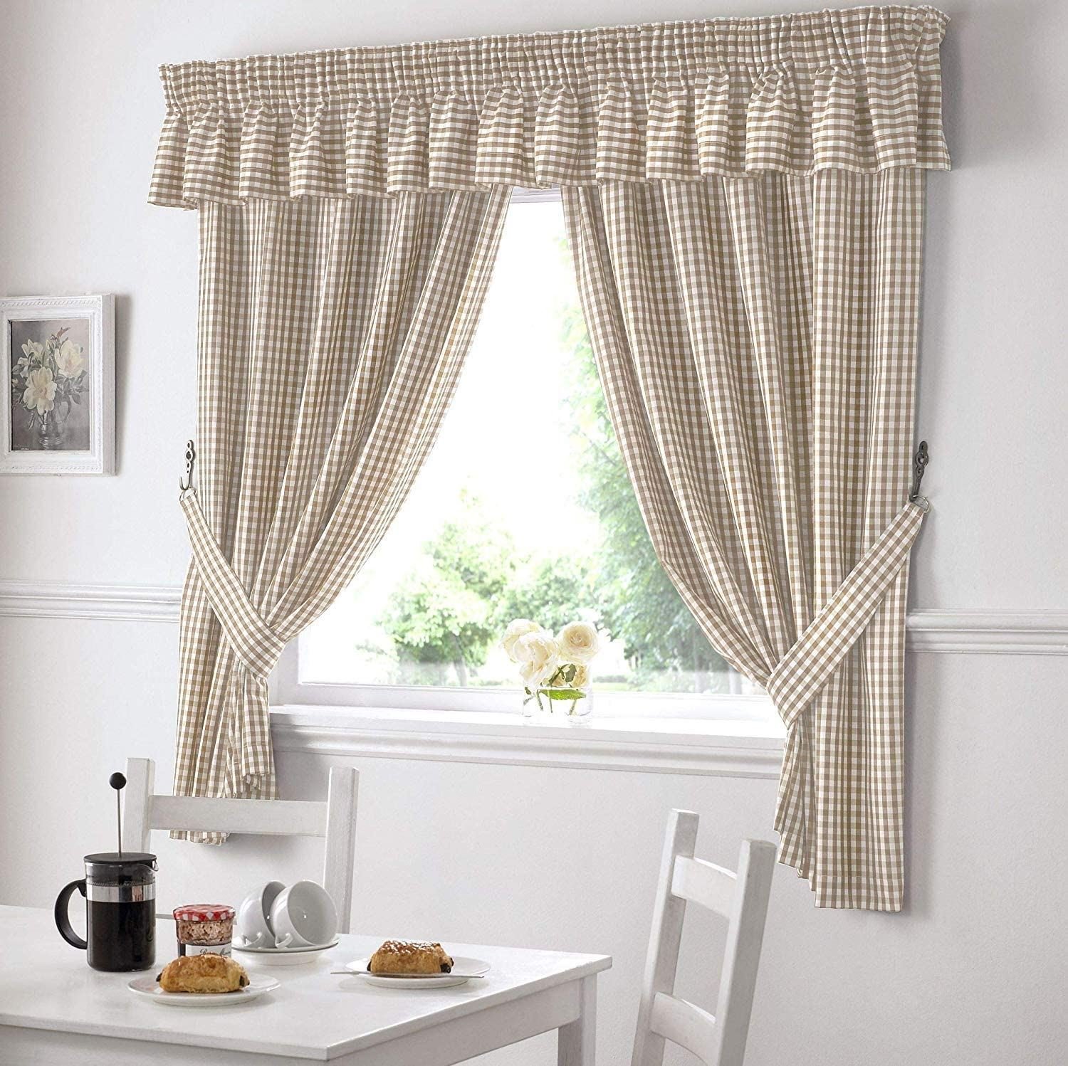 Alan Symonds Gingham Pencil Pleat Curtains - Beige - 117 x 137cm