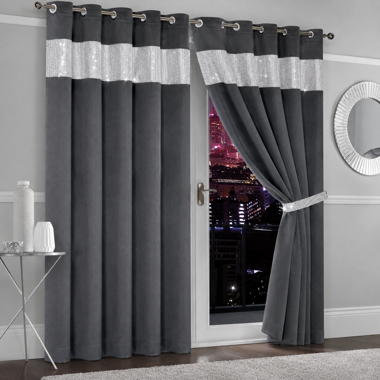 New Edge Blinds Charcoal Diamante Blackout Eyelet Curtains - 167cm x 229cm