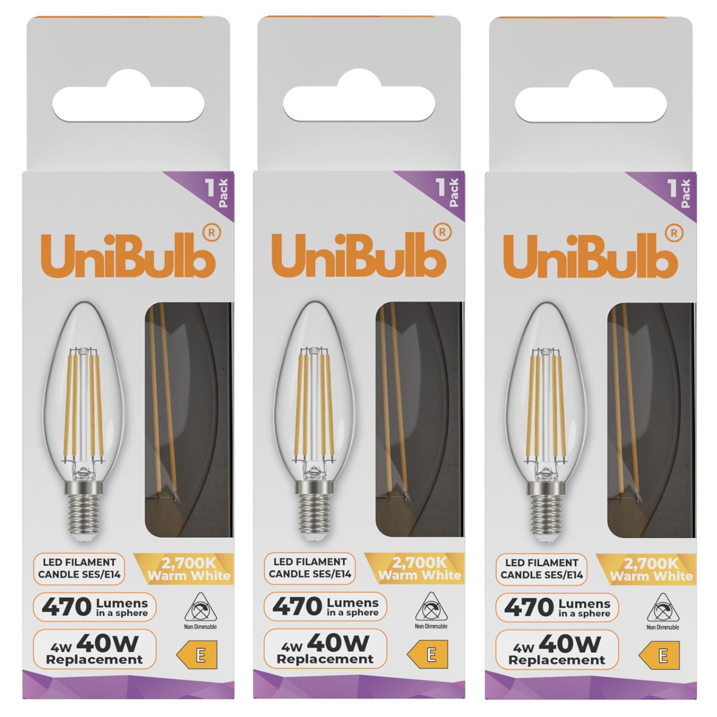 UniBulb 4W LED Warm White Filament Candle E14 Light Bulb - Pack of 3
