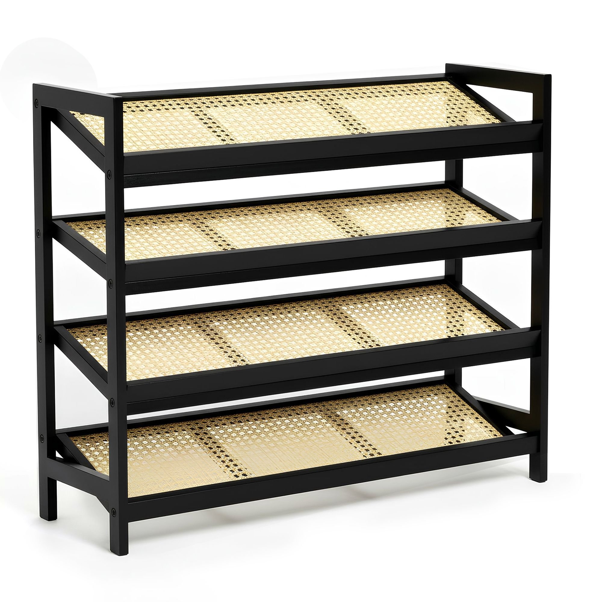 Keplin 4 Tier Bamboo & Rattan Shoe Rack - Black & Natural