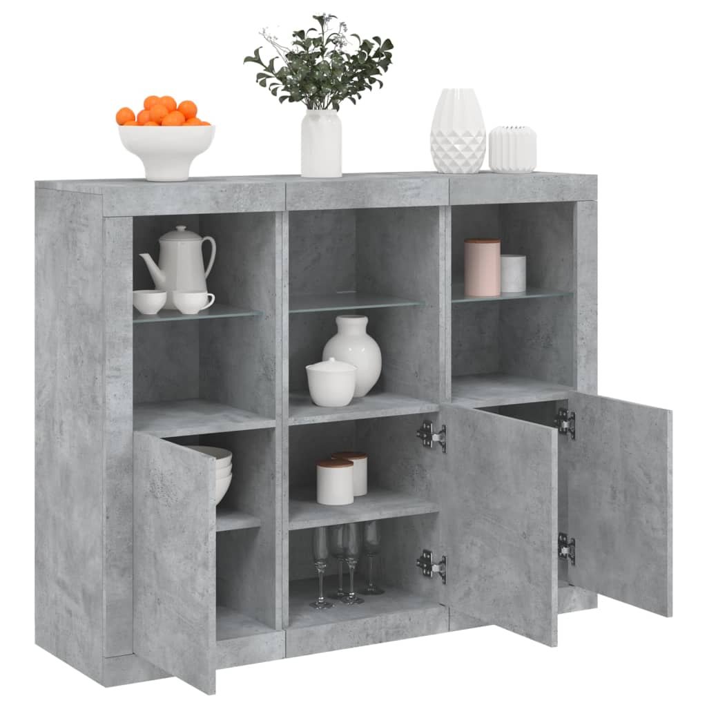 Walplus Pack of 3 LED Buffet Sideboard - Concrete Grey - 123 x 37 x 100 cm