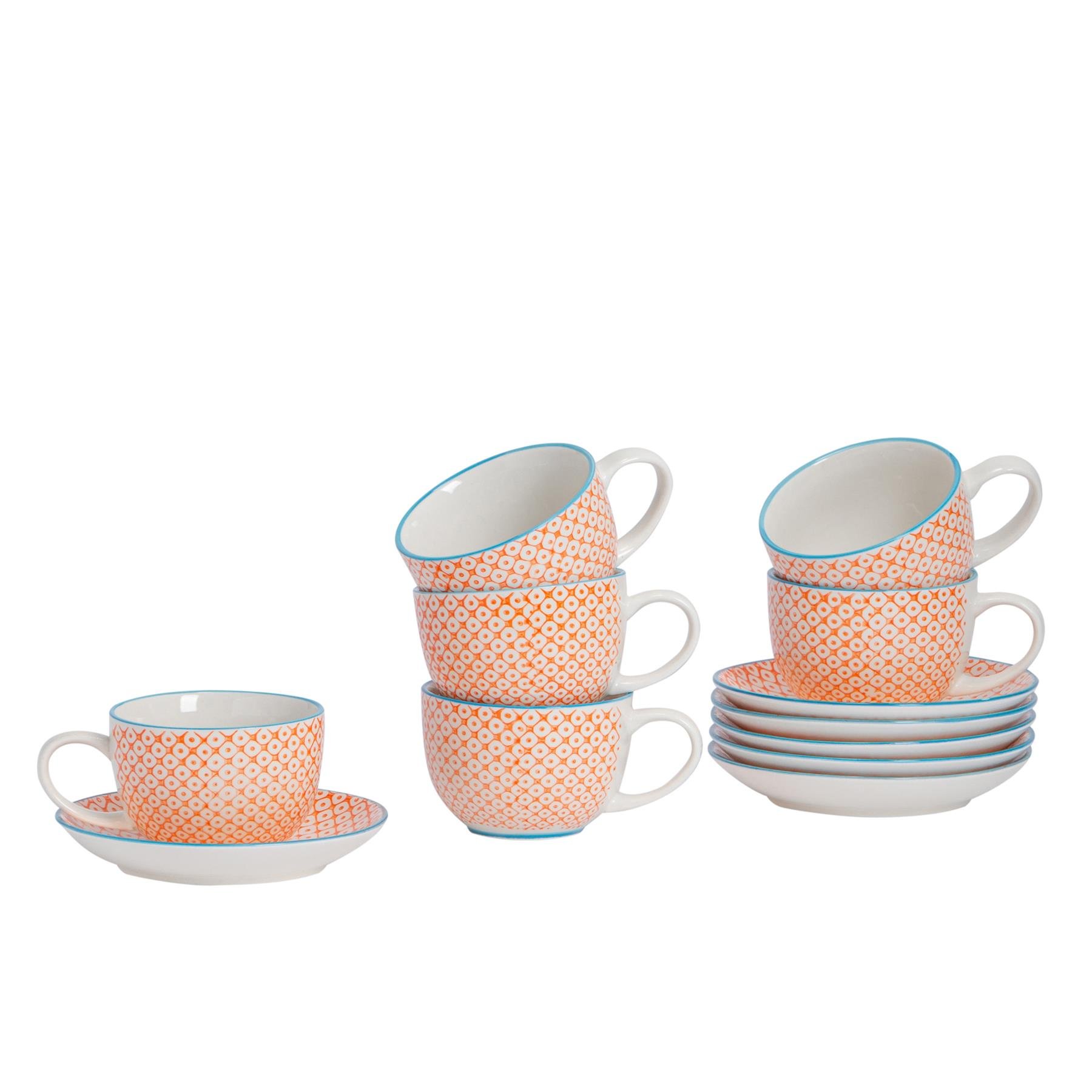 Nicola Spring 24 Piece Hand-Printed Cappuccino Cup & Saucer Set - 250ml Orange
