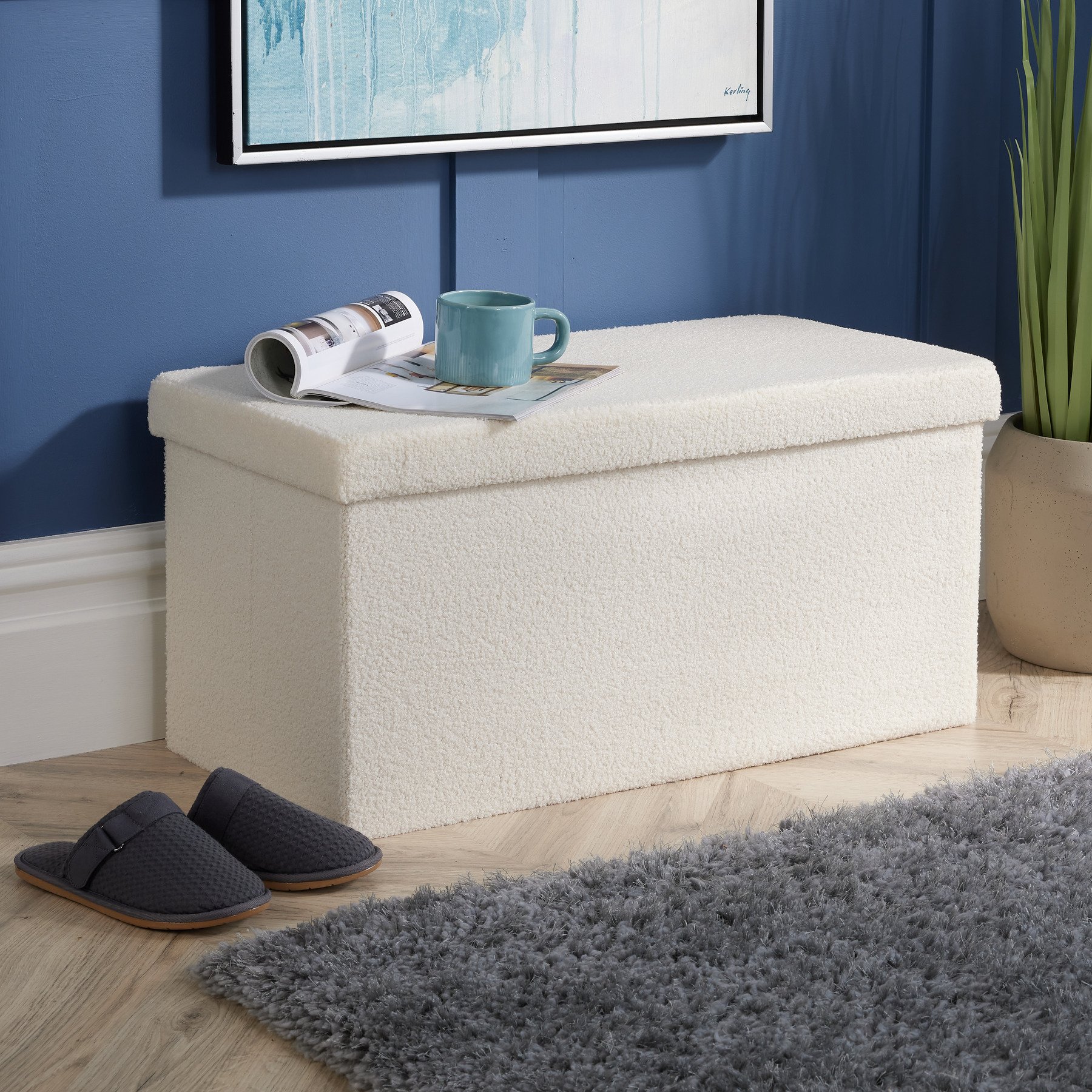 Home Source Teddy Boucle Folding Storage Ottoman with 1 Lid - Cream
