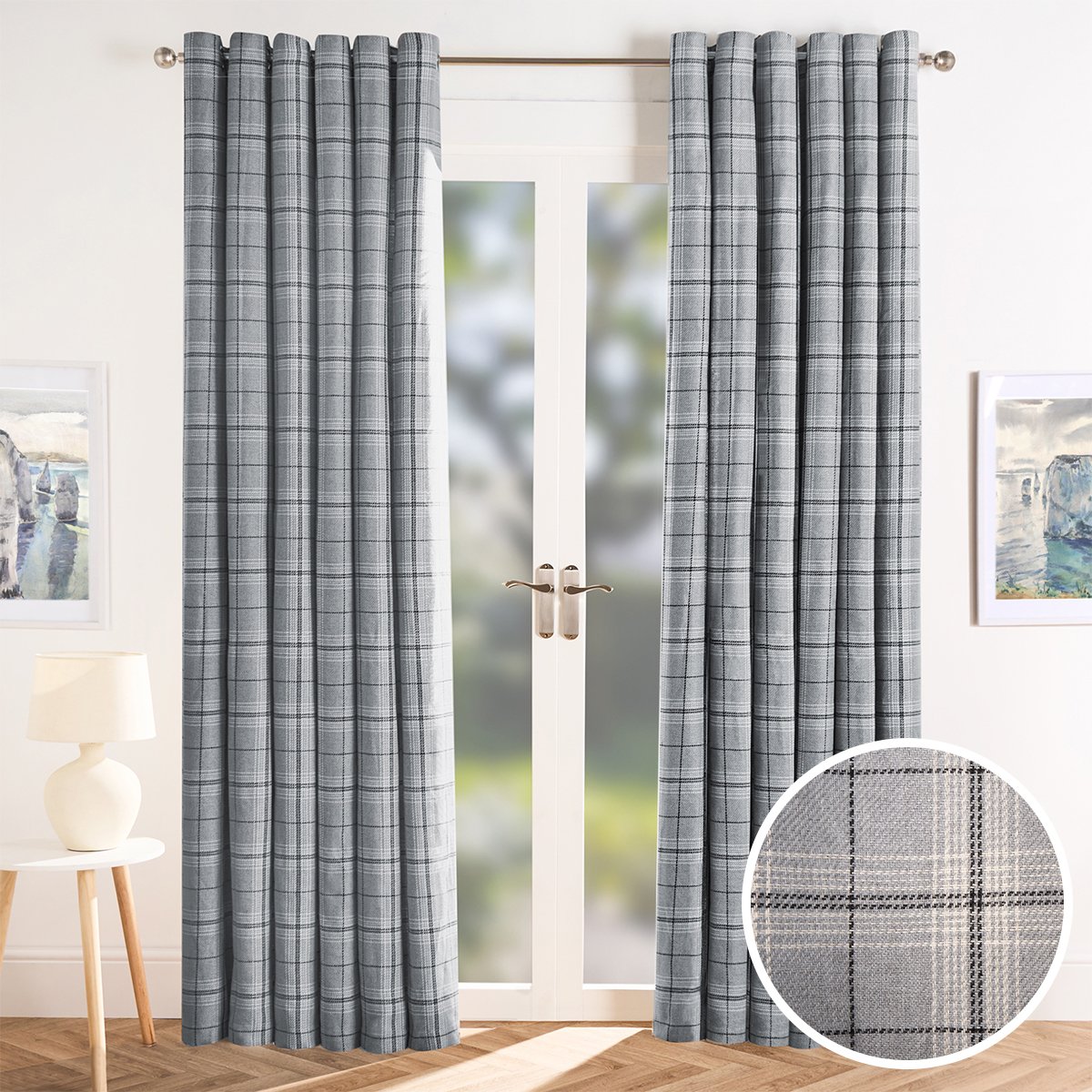 OHS Woven Check Eyelet Curtains 168 x 229cm - Grey