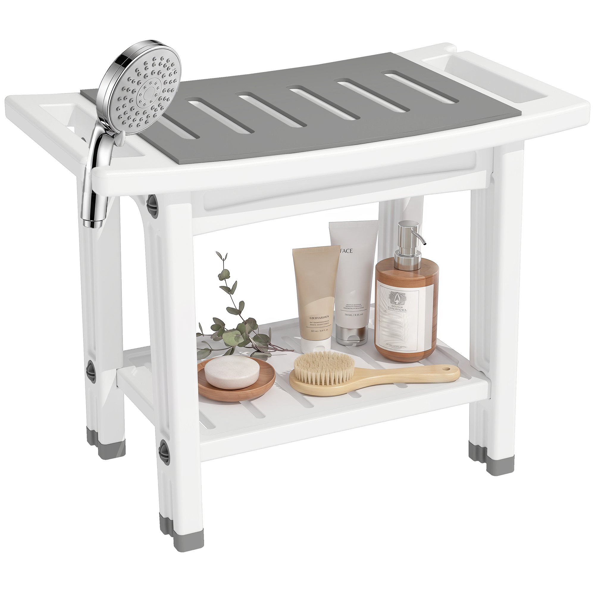 HOMCOM 2 Tier Slatted Shower Bench Storage Seat - White and Grey