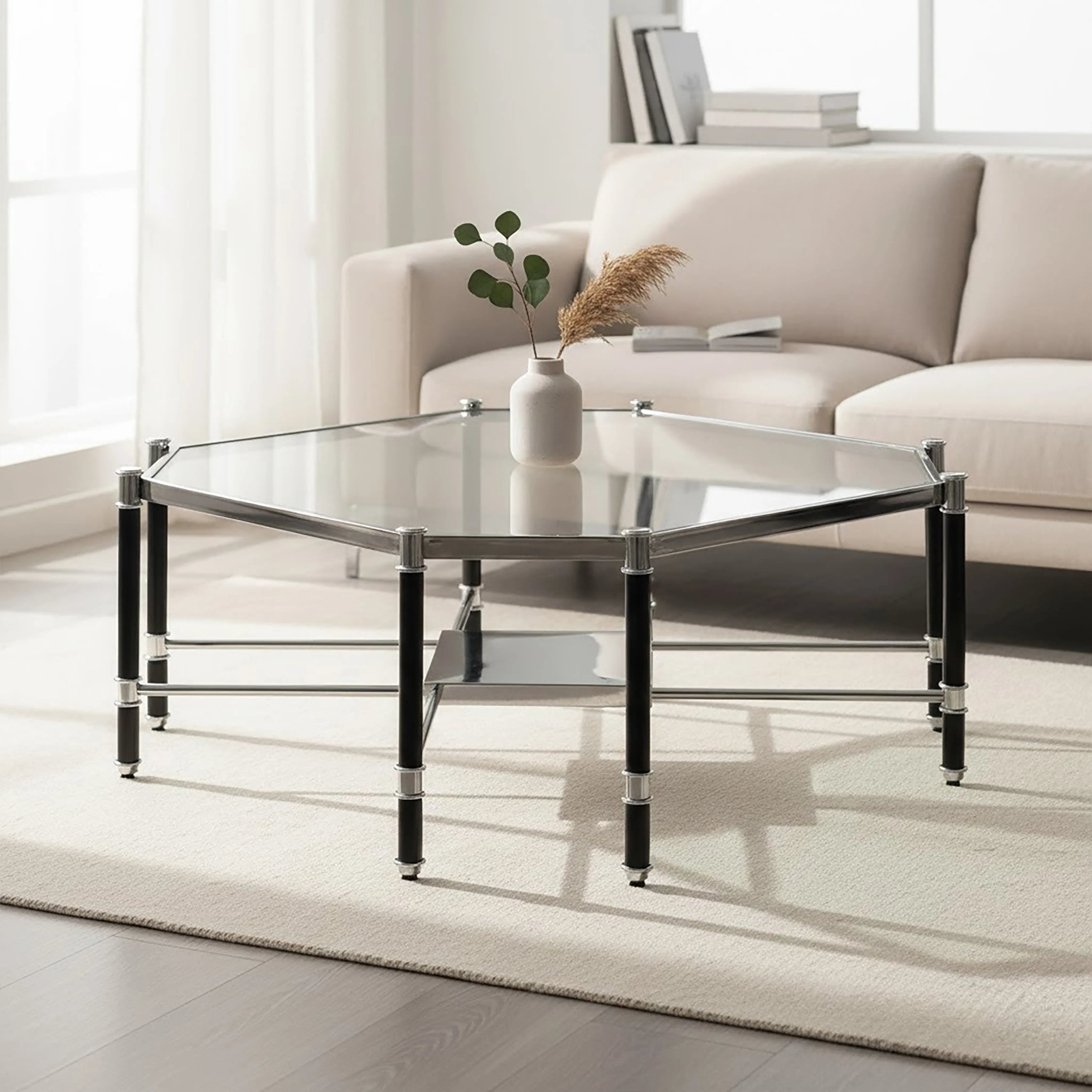Orsina Allessi Octagonal Glass Coffee Table - Black and Silver