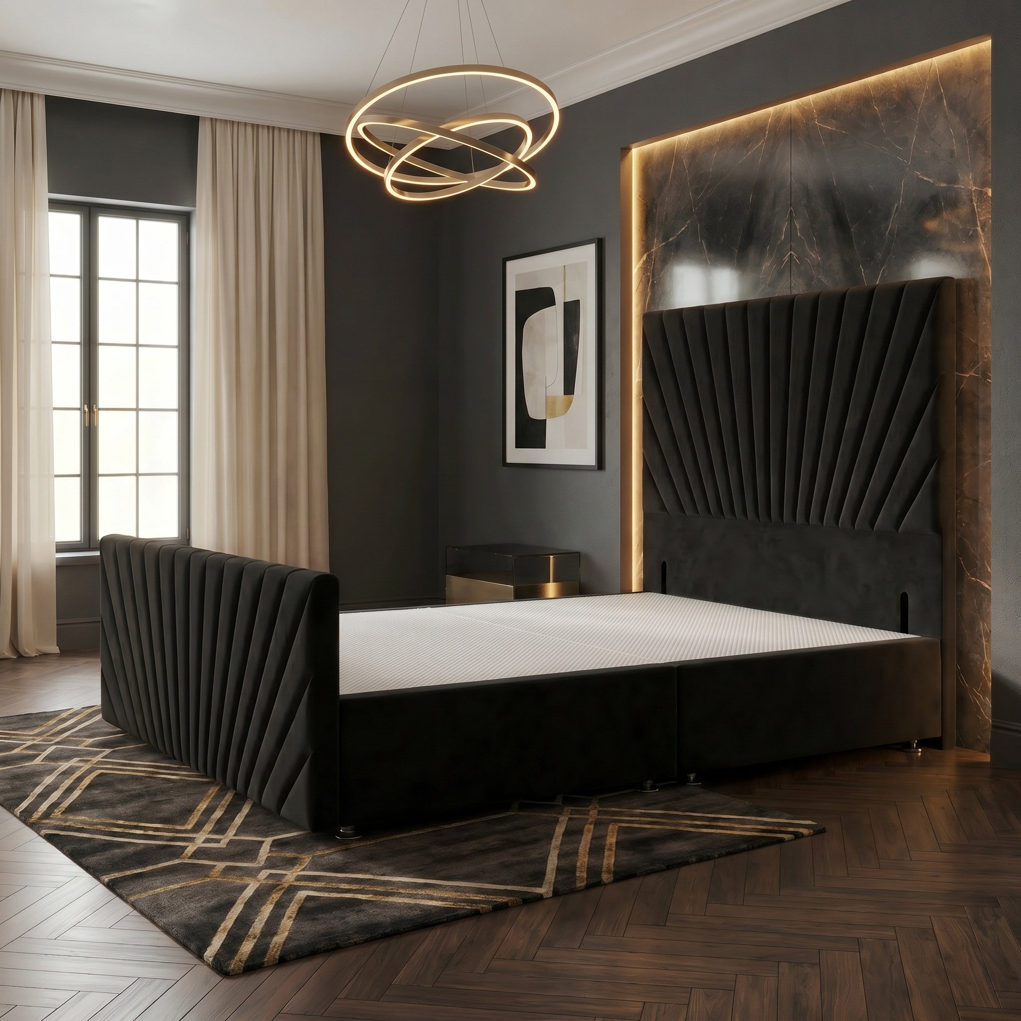 Somnior Velvet Small Double Divan Bed with Footboard & Headboard - Black