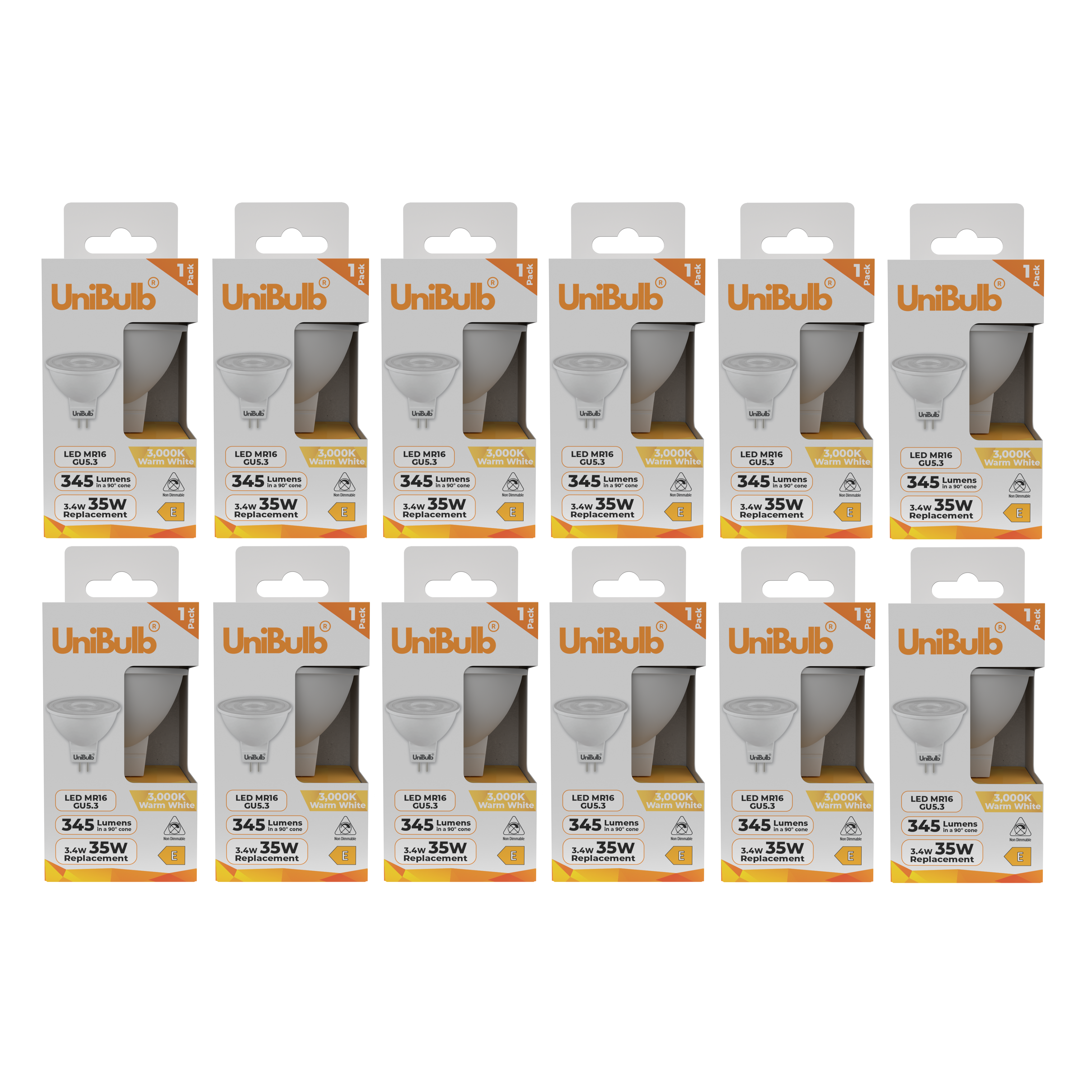 UniBulb 3.4W LED Warm White Spotlight GU5.3 Light Bulb - Pack of 12