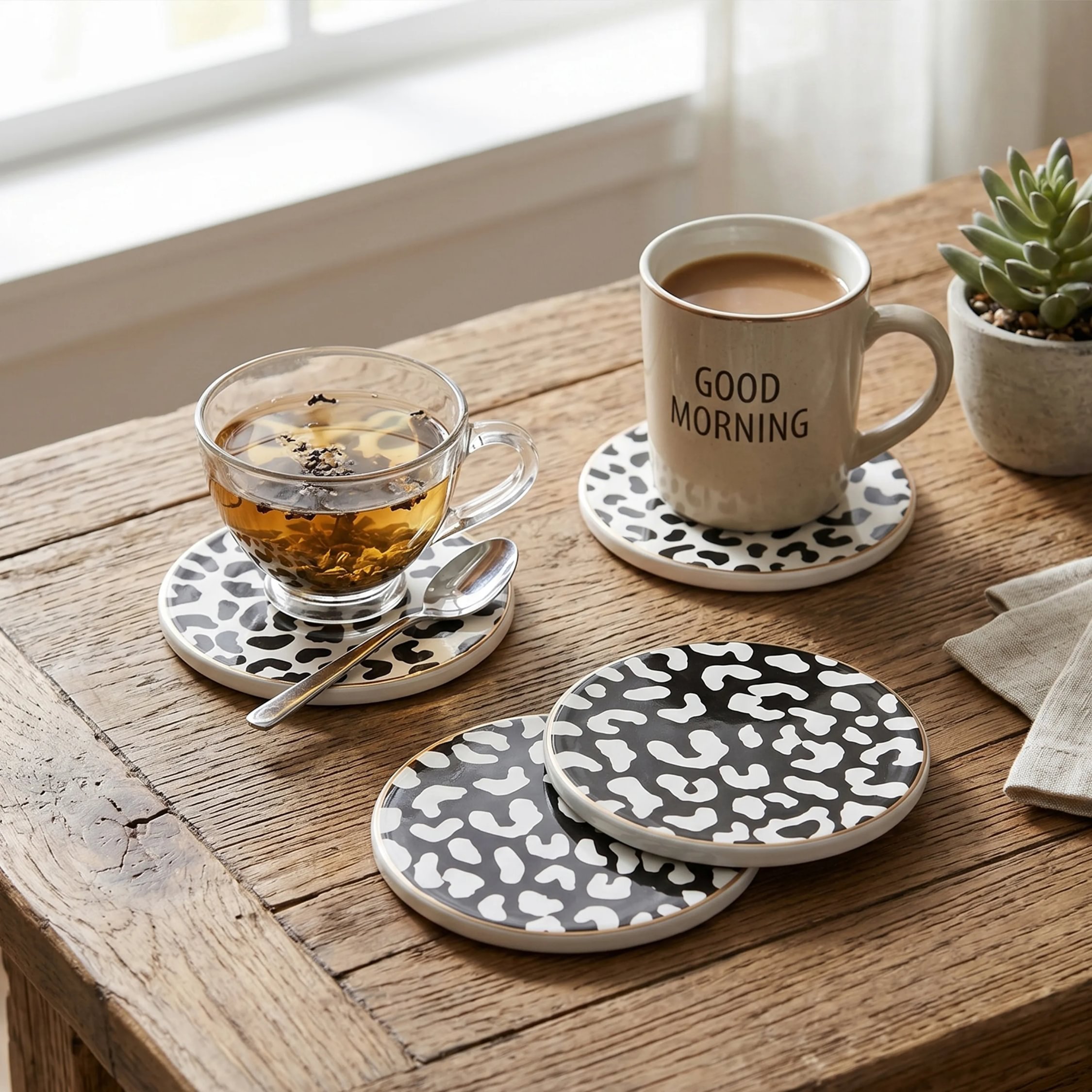 Orsina Set Of 4 London Leopard Print Stoneware Coasters - Black and Gold
