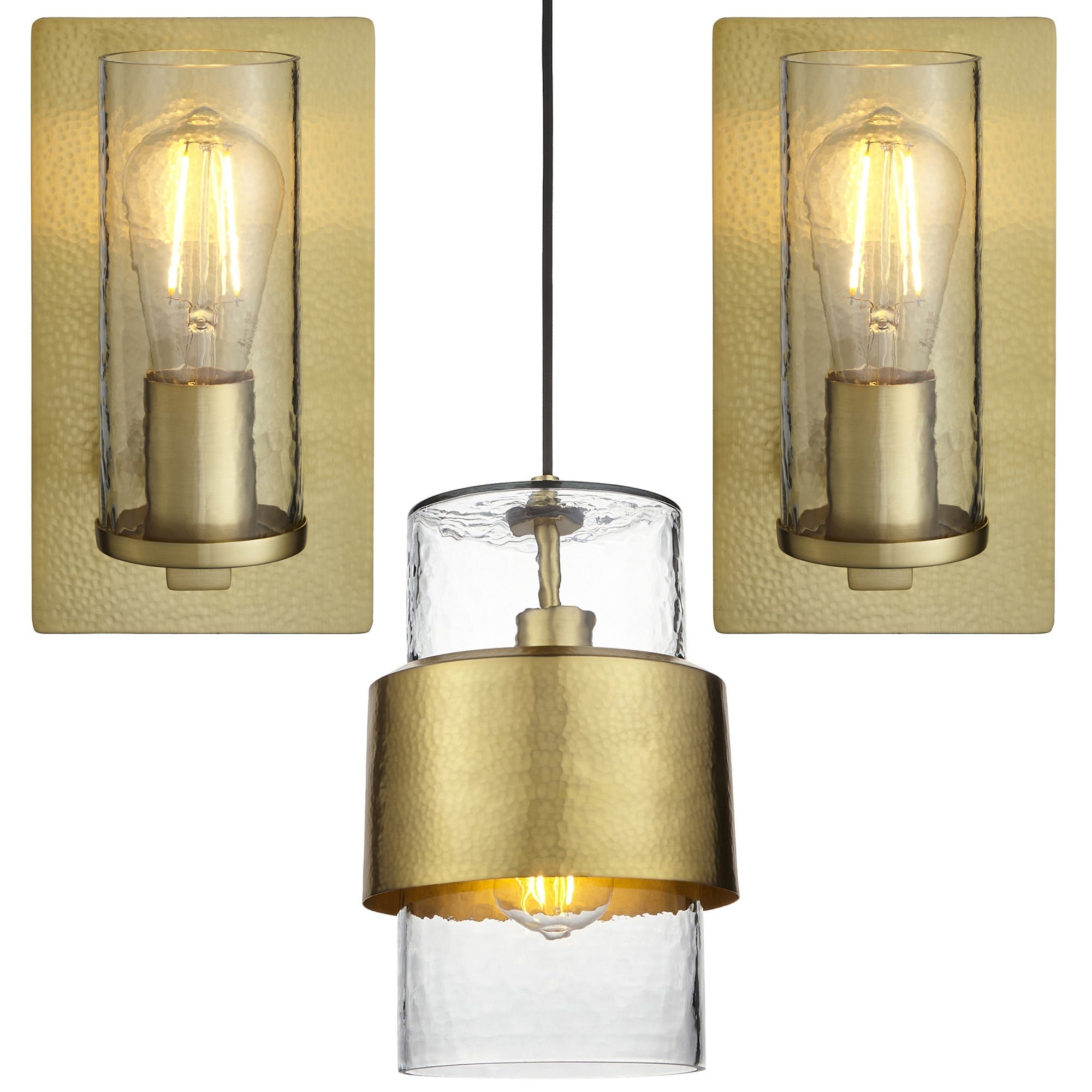 Loops Direct Steel and Glass Pendant and Wall Lights - Hammered Brass