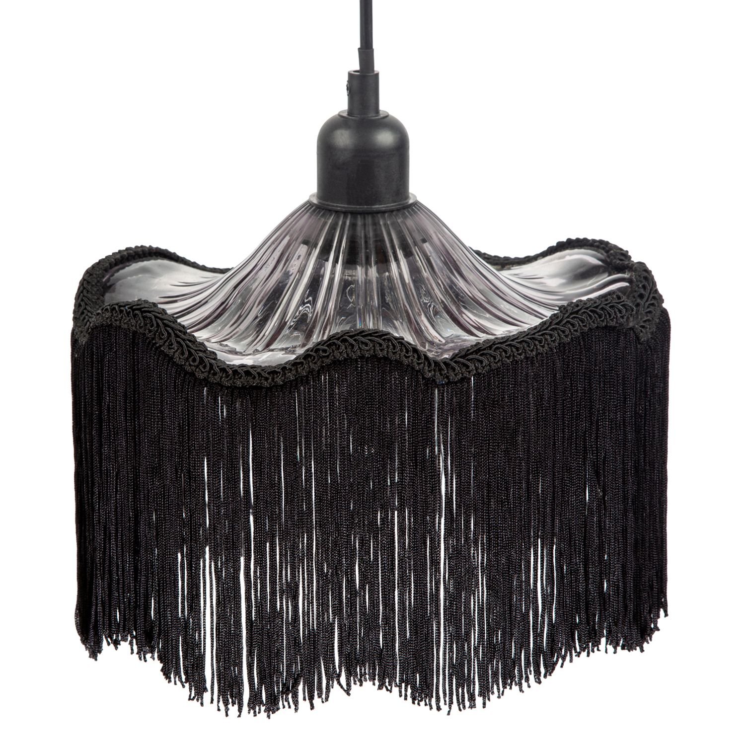 Happy Homewares Striking Black Fringed Smoked Glass Pendant Shade - 23cm