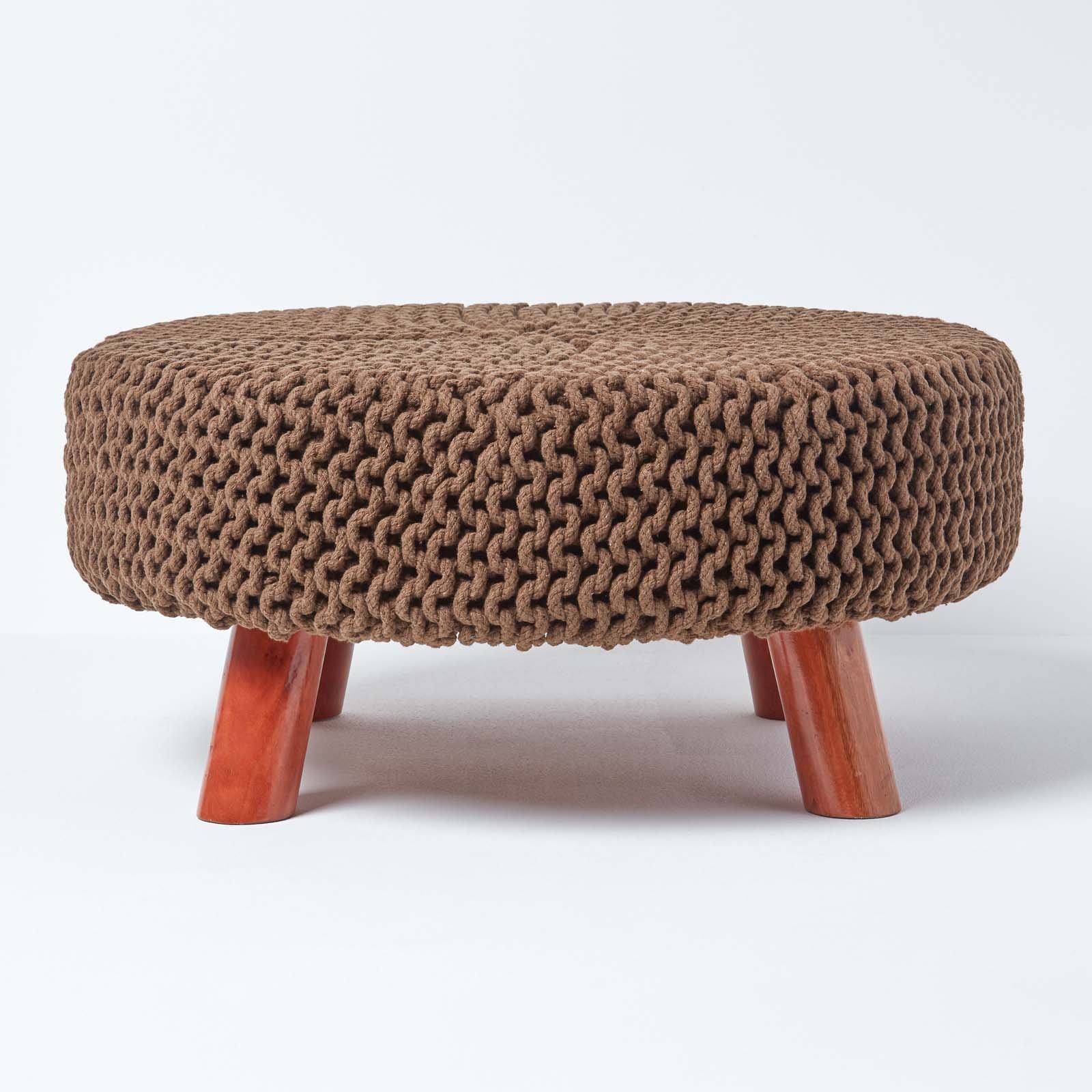 Homescapes Large Round Cotton Knitted Footstool with Legs – Chocolate Brown