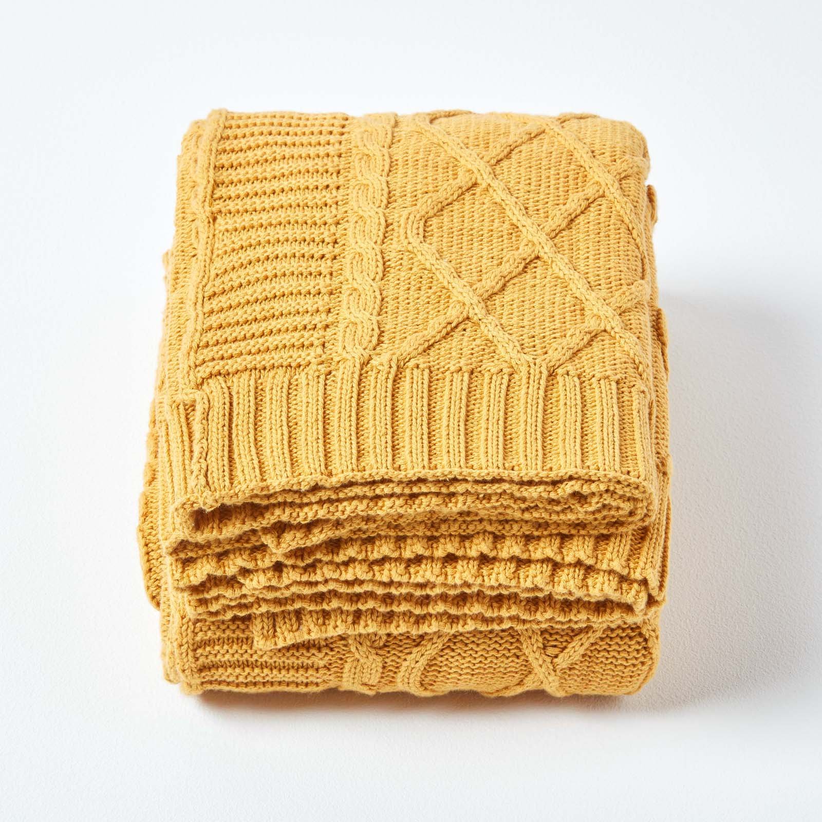 Homescapes Cotton Diamond Cable Knit Throw - 150 x 200 cm - Mustard