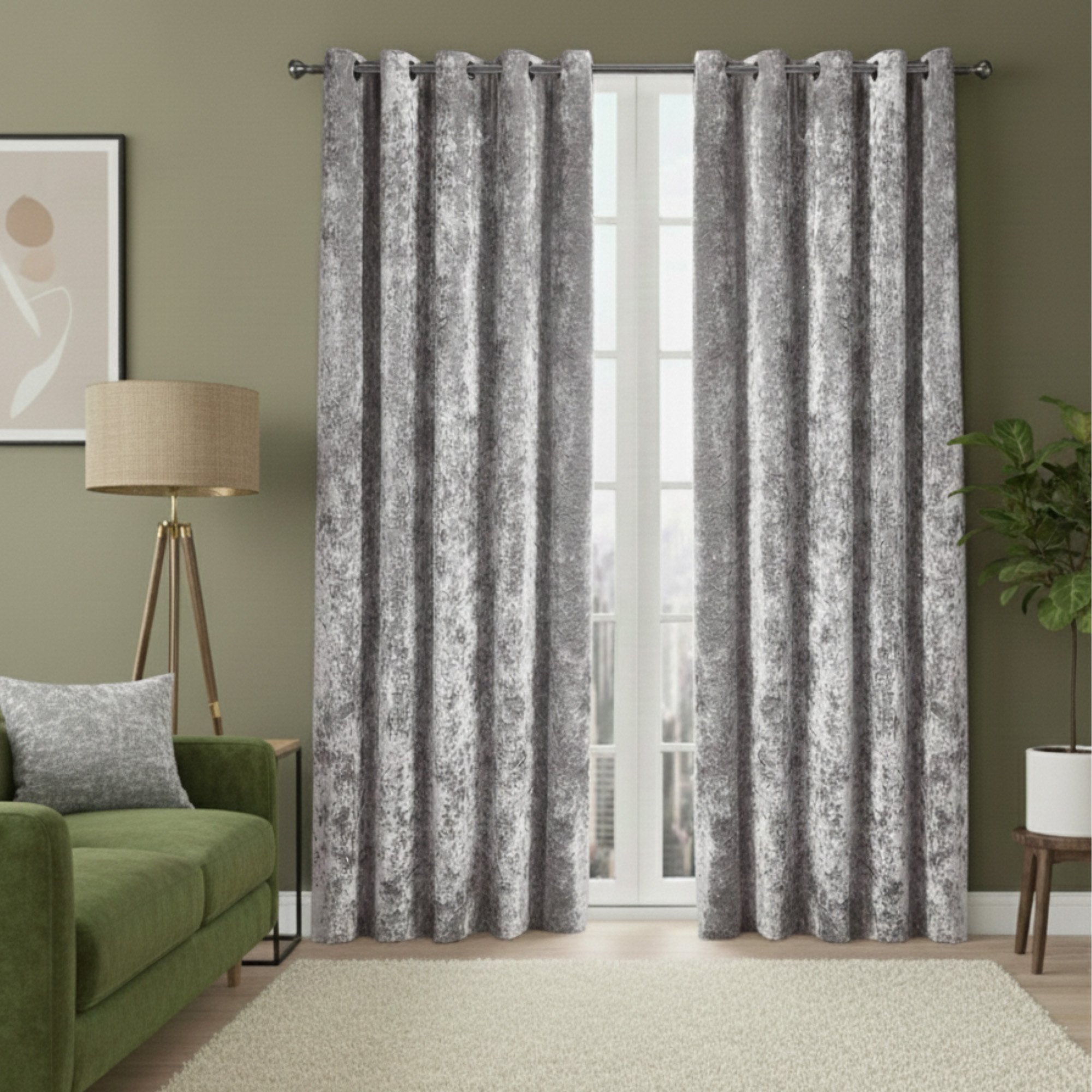 Snug City Crushed Velvet Soft Touch Eyelet Curtains – Silver – 229 x 229cm