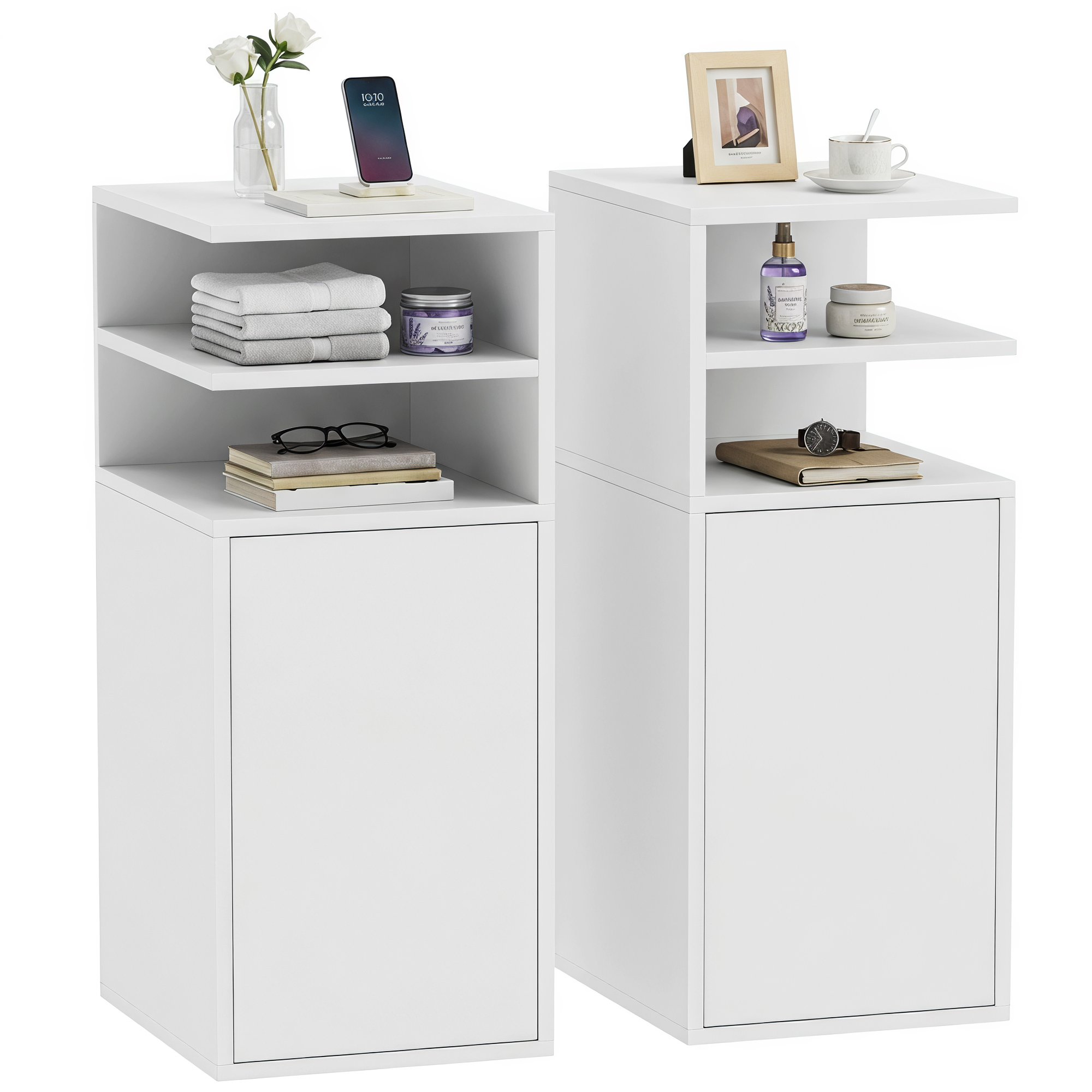 HOMCOM Set of 2 Slim Bedside Table with Open Cubbies and Cupboard - White