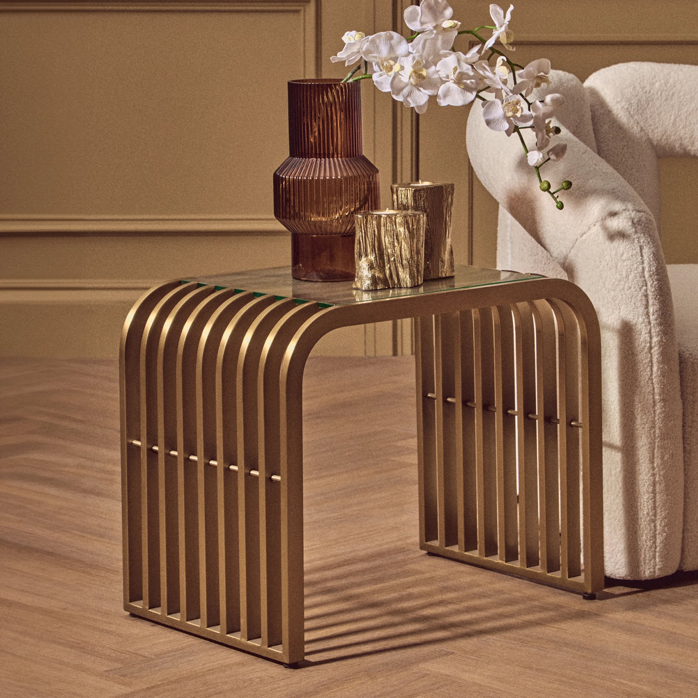 Orsina Vogue Glass Top and Matt Slatted Side Table – Gold