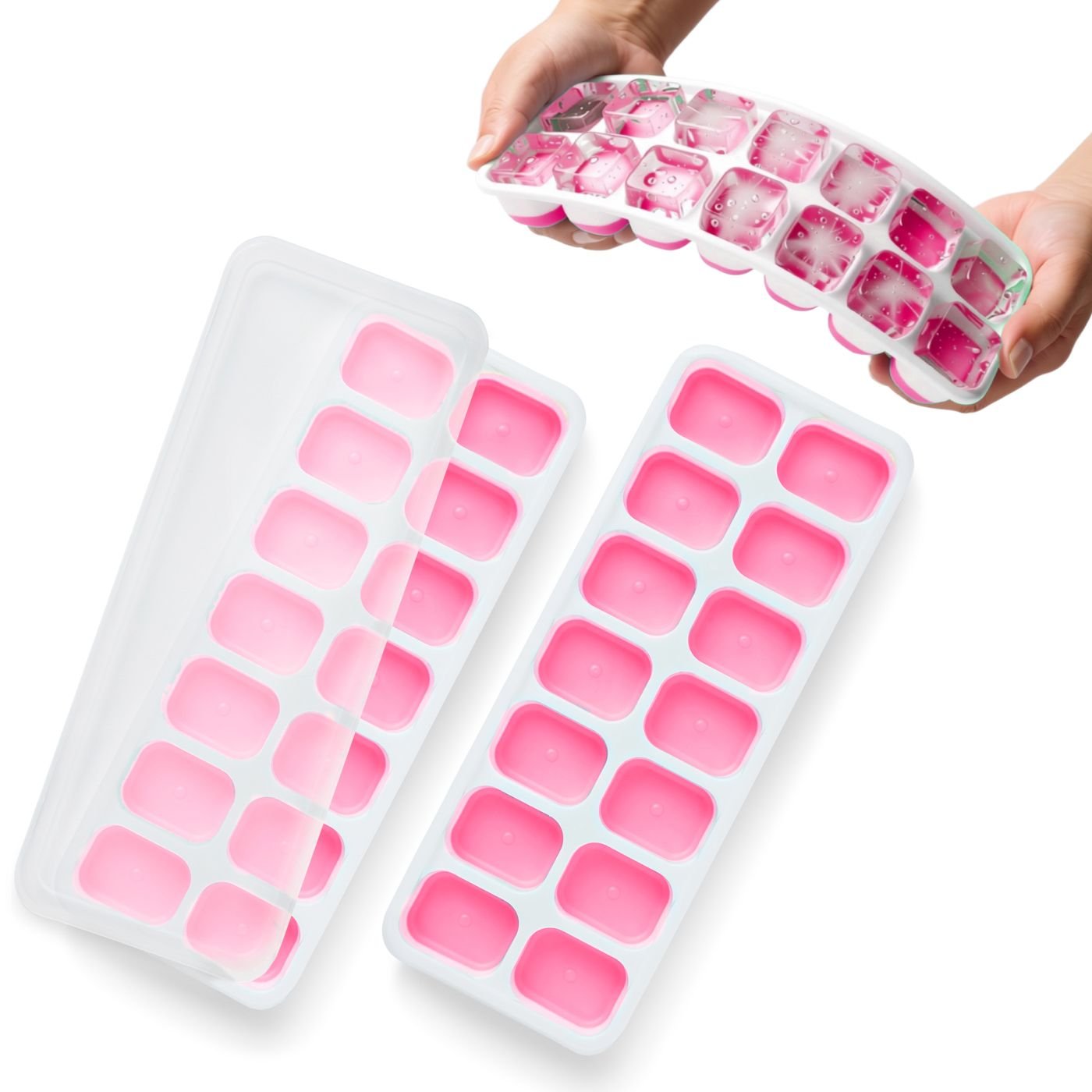Keplin Stackable Lidded Silicone Ice Cube Trays - 2 Pack - Pink