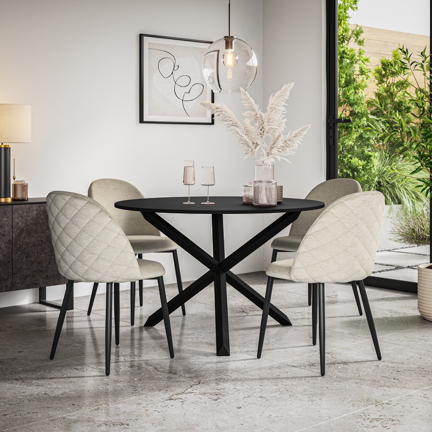 Furniture Online Malvern Black Dining Table & 6 Raye Beige Chairs