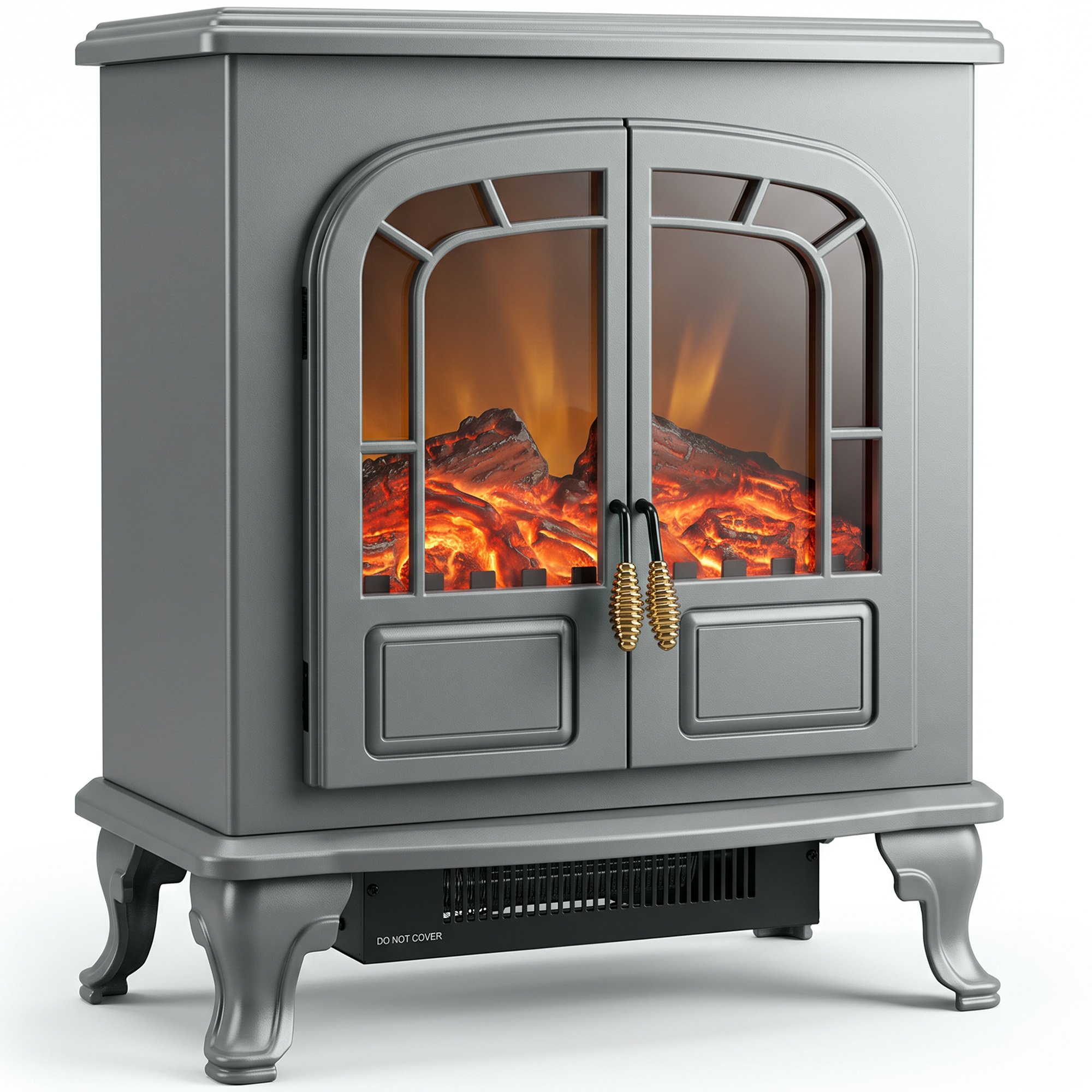 HOMCOM Electric Fireplace Stove with Double Door and LED Flame Effect - Grey