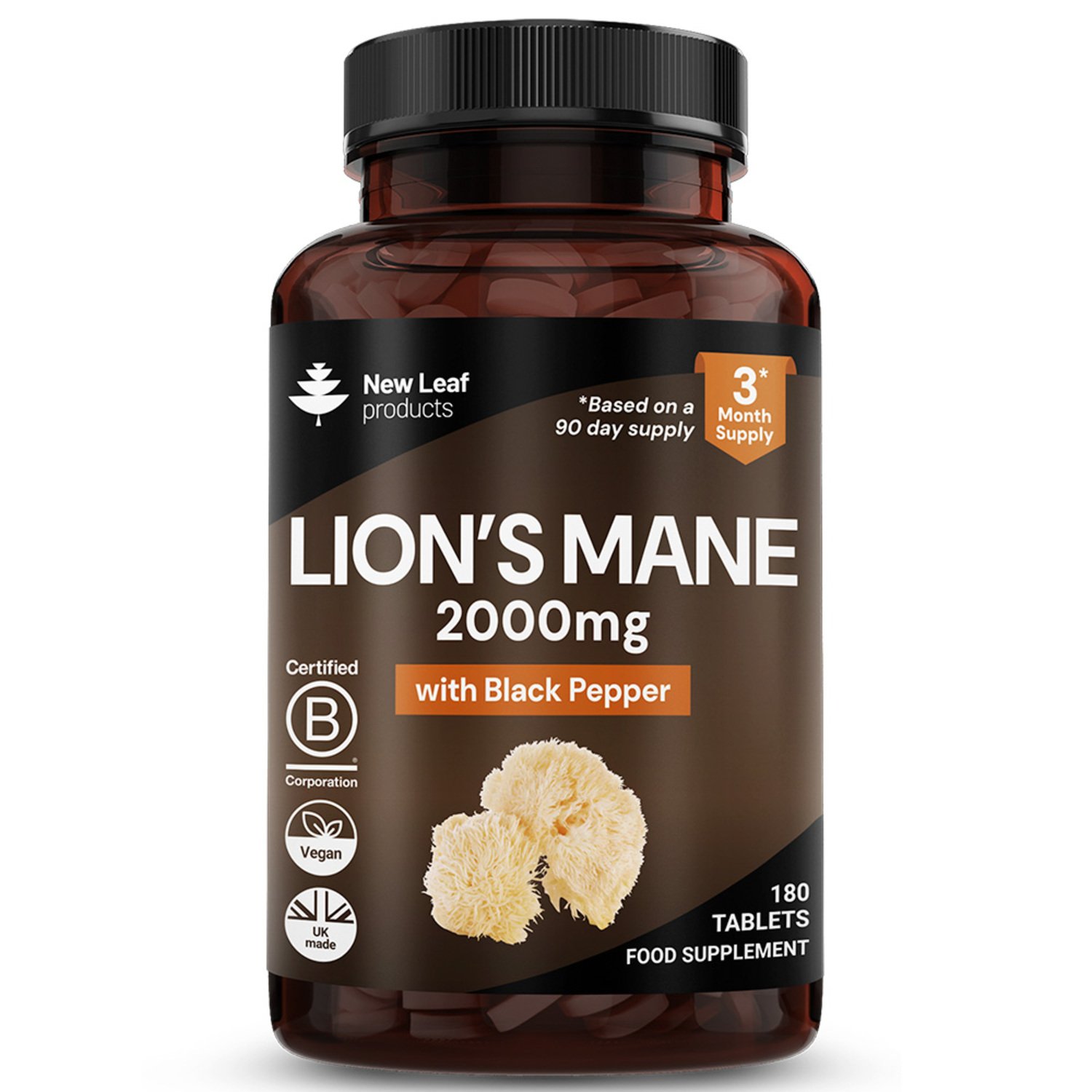 New Leaf Lions Mane Mushroom with Black pepper 2000mg - 180 Tablets