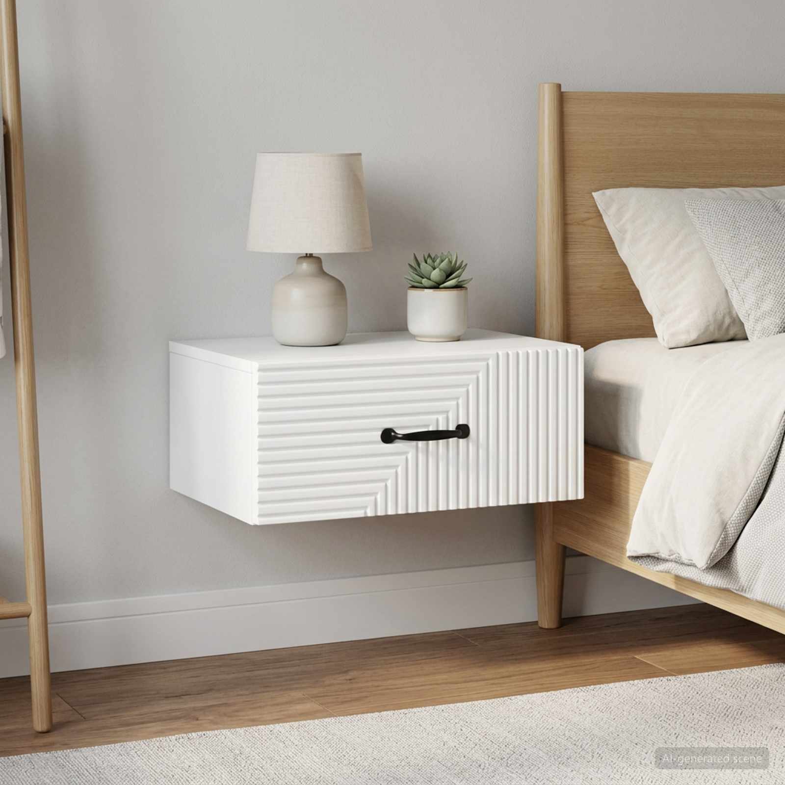 Walplus Pack of 2 Wall Mounted Bedside Drawer Unit - White - 49 x 34.5 x 20 cm
