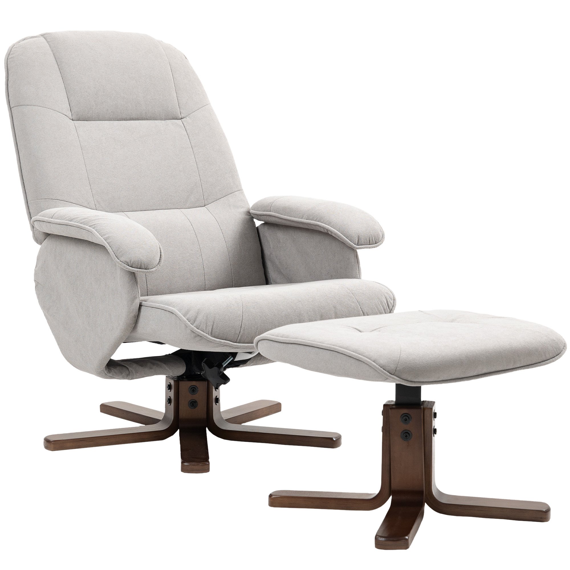 HOMCOM Wooden Swivel Recliner Armchair with Wooden Base - Light Grey
