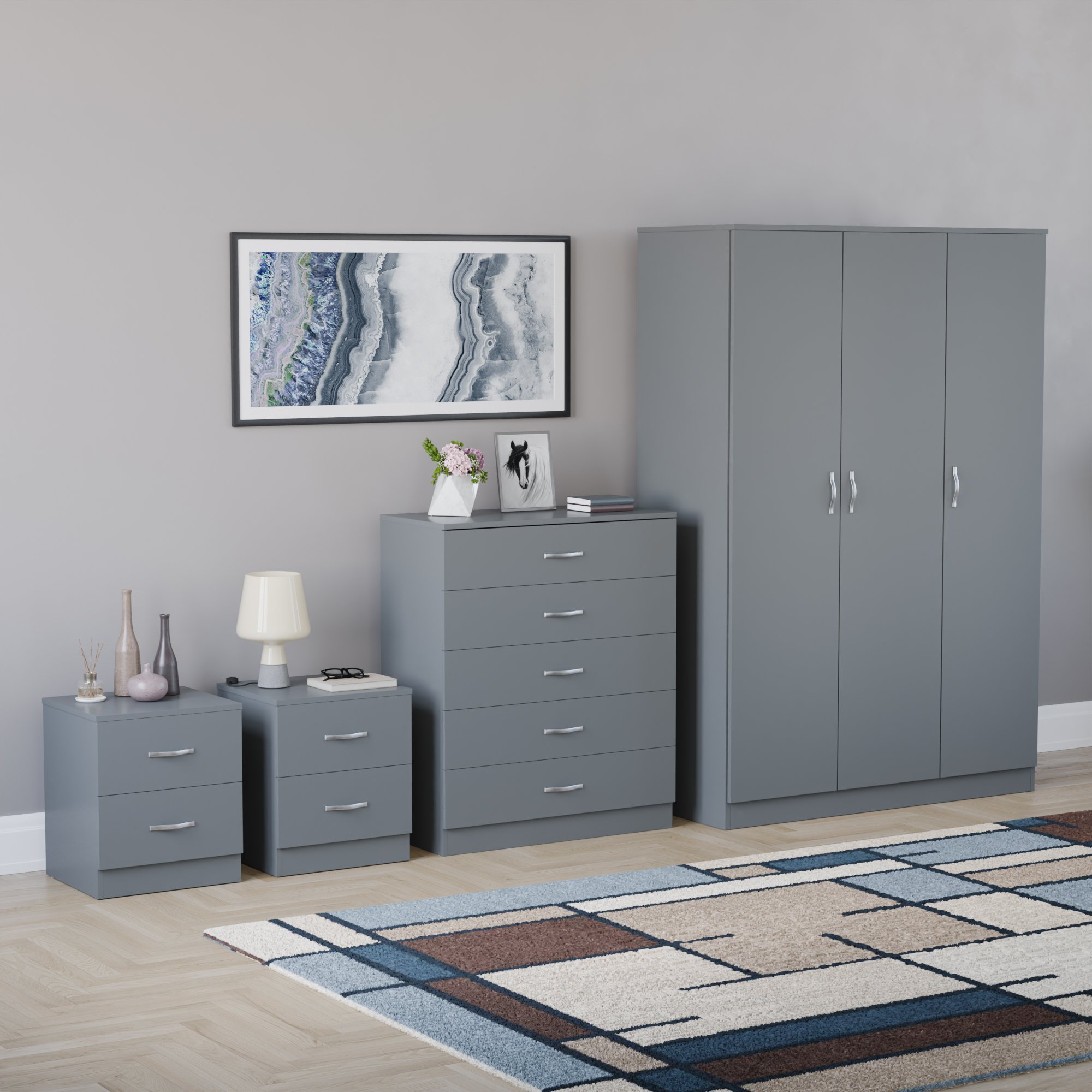 Vida Designs Riano Bedroom Set (Bedsides, 5 Drawer Chest, 3 Door Wardrobe)- Grey