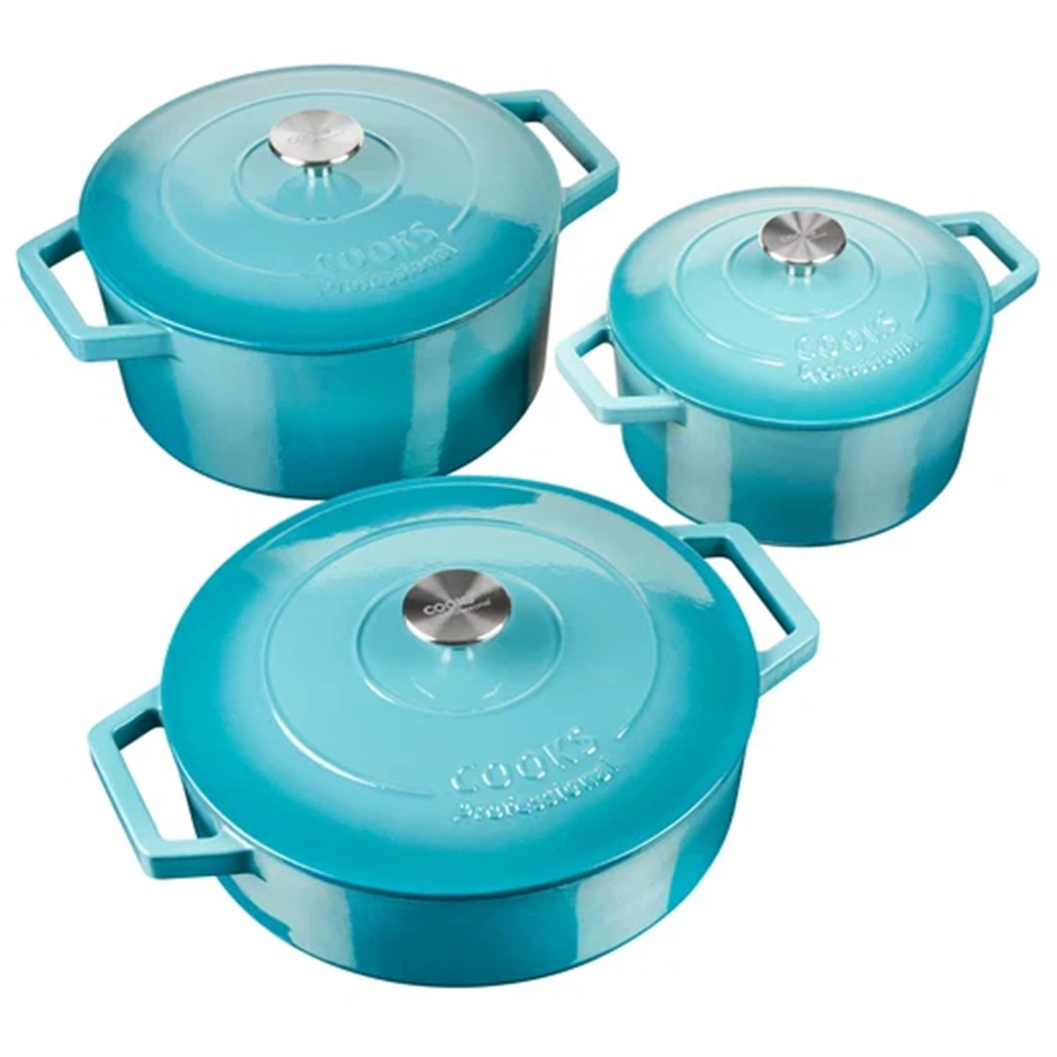 Cooks Professional Set of 3 Cast Iron Casserole - Teal