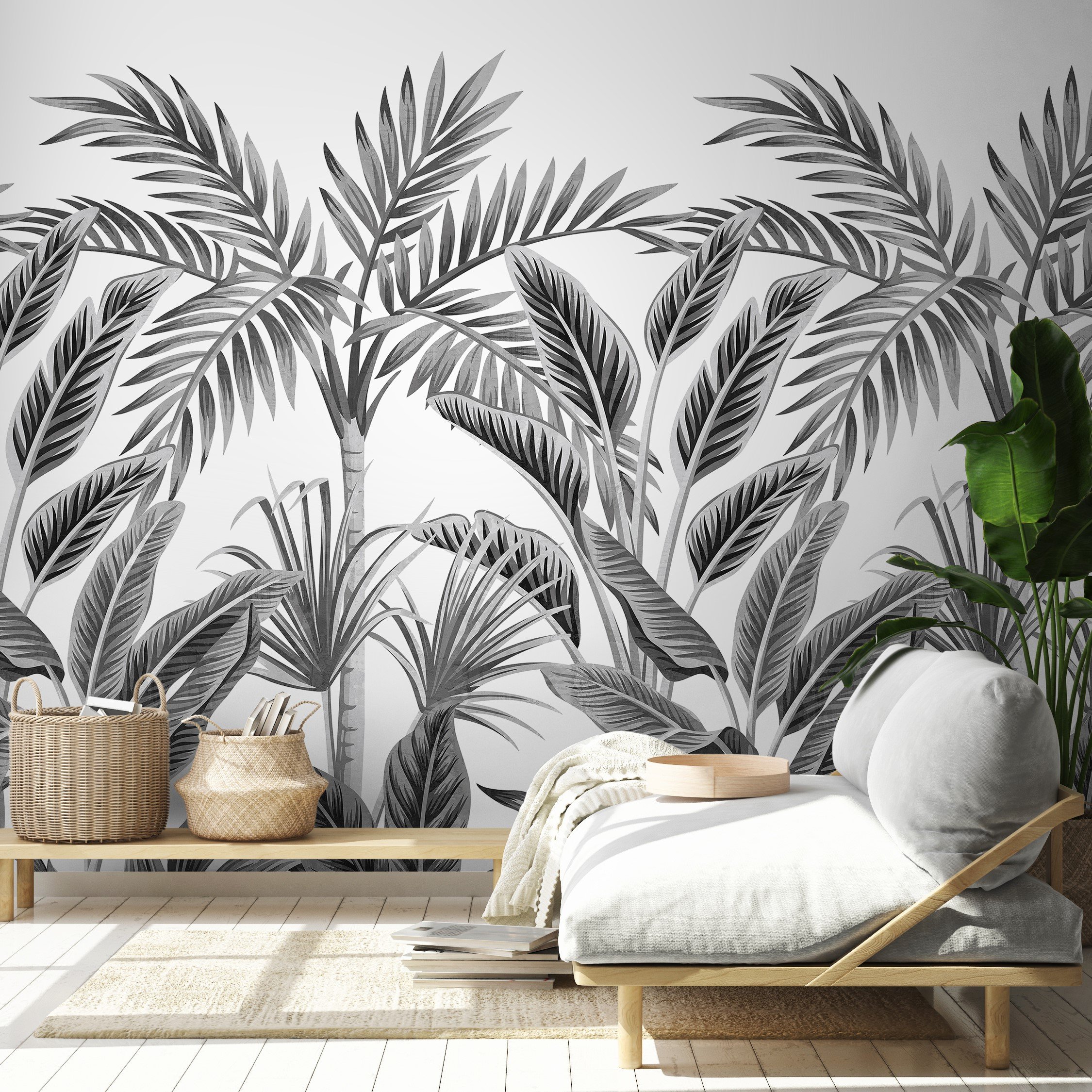 Grandeco Paysage Palm 3 Lane Repeatable Wallpaper Mural   - White