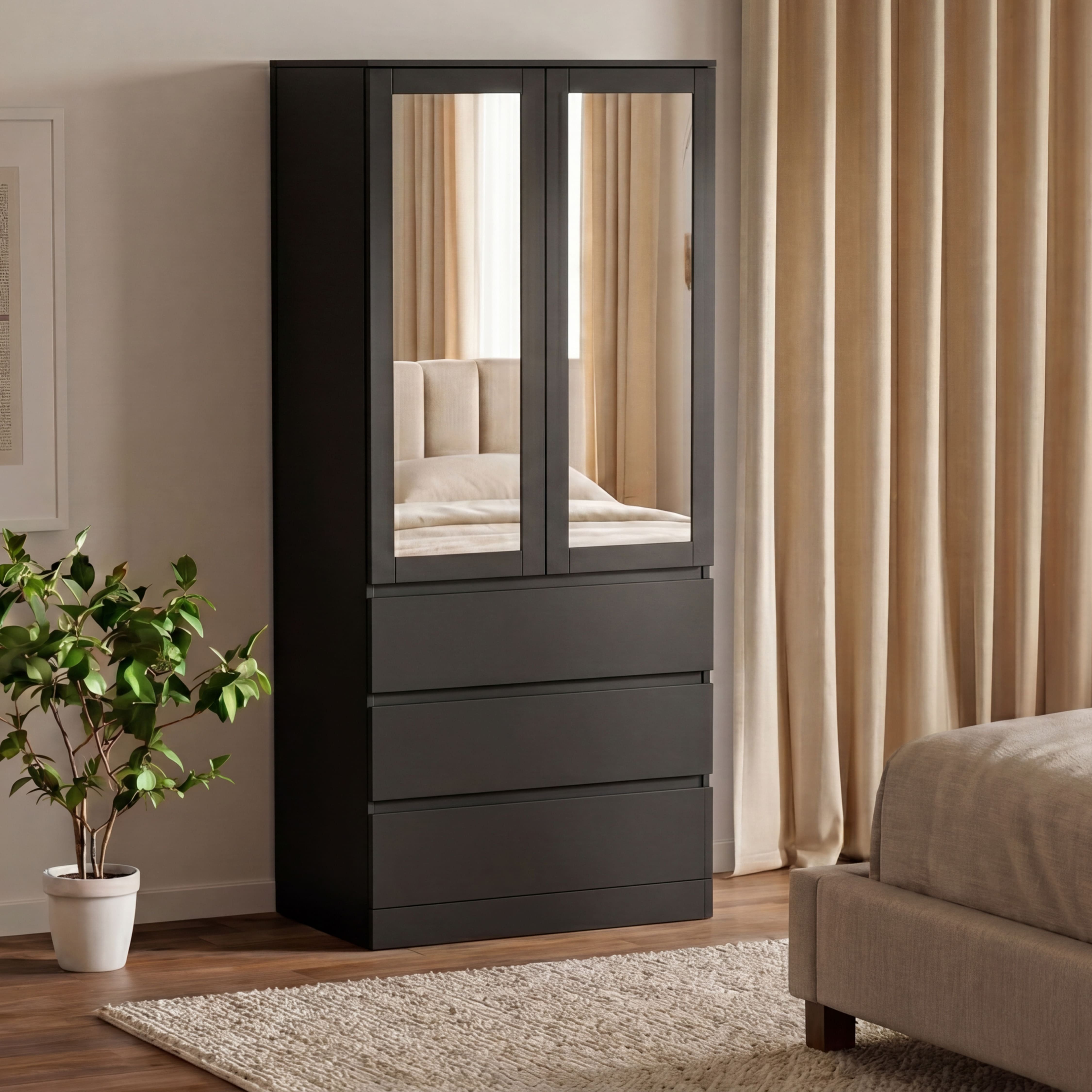 Vida Designs Denver 2 Door 3 Drawer Mirrored Wardrobe - Black