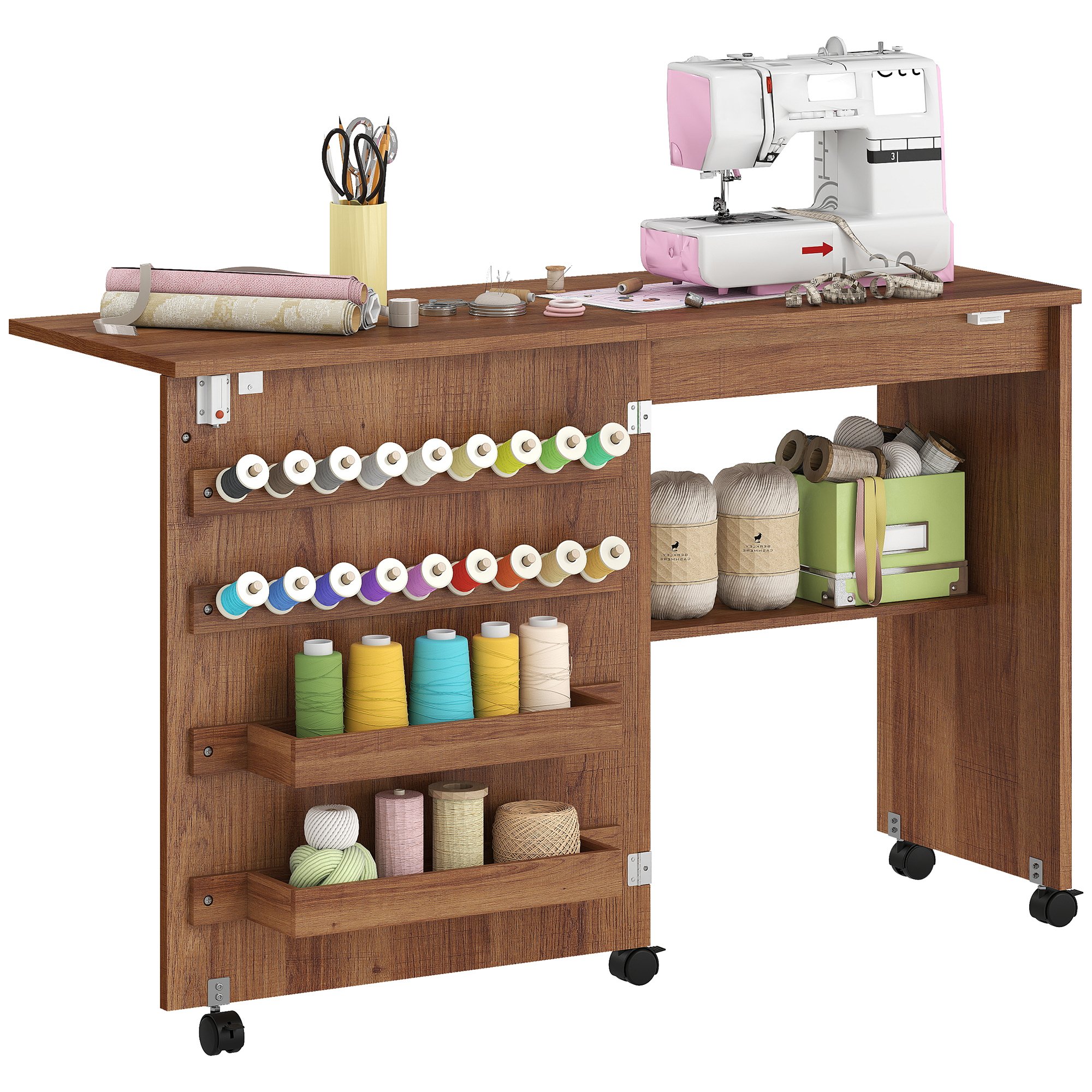 HOMCOM Rolling Craft Table with Storage Compartments - Brown