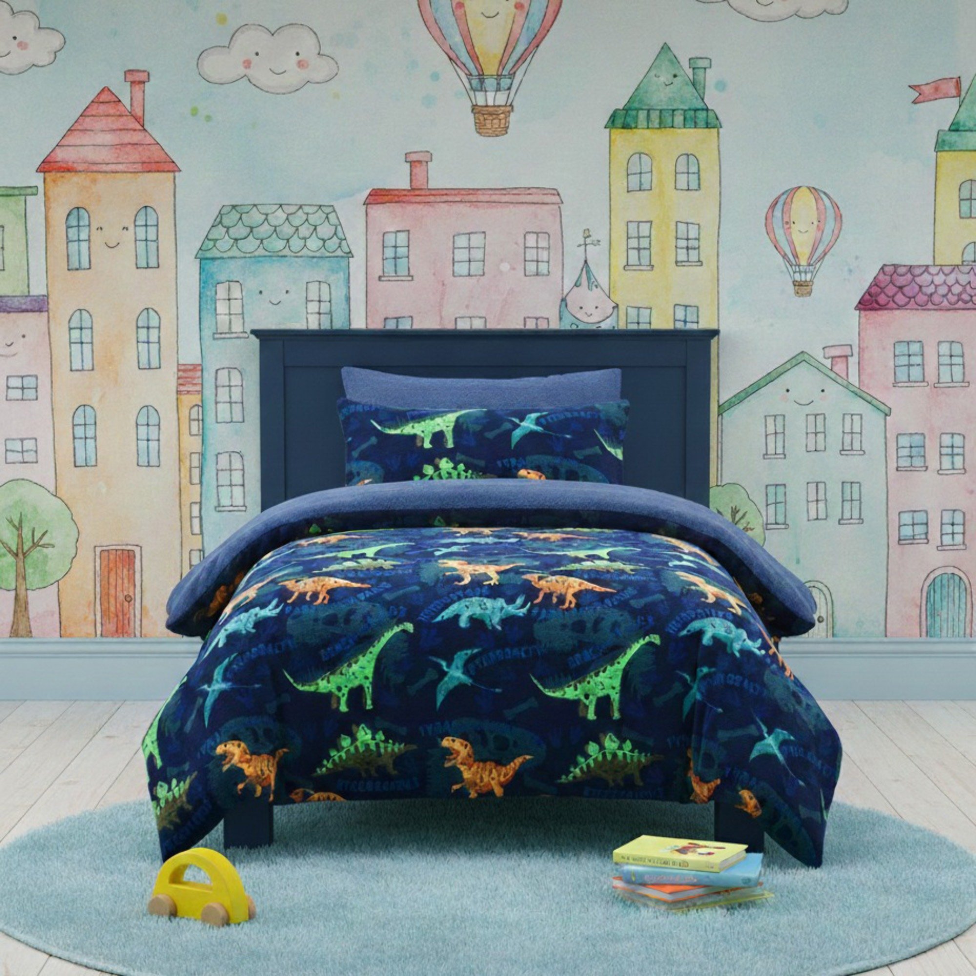 Snug City Dinosaur Kids Teddy Fleece Duvet Cover Set - Single - Blue