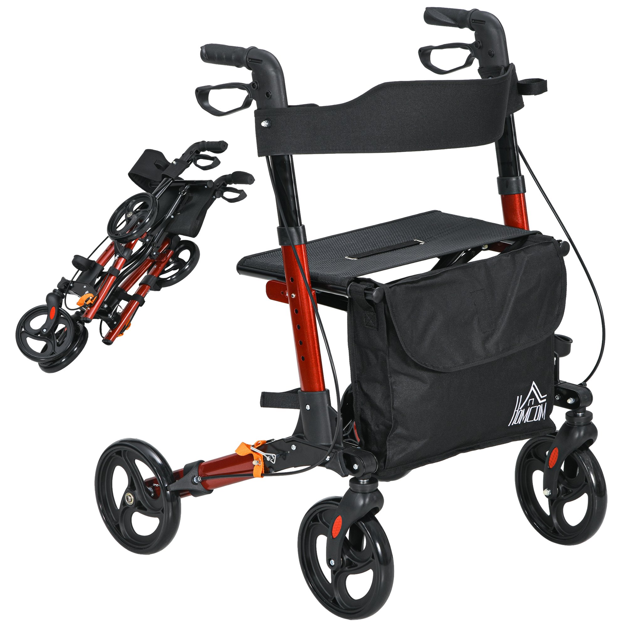 HOMCOM Adjustable Height Rollator Walker with Seat and Wheels - Red