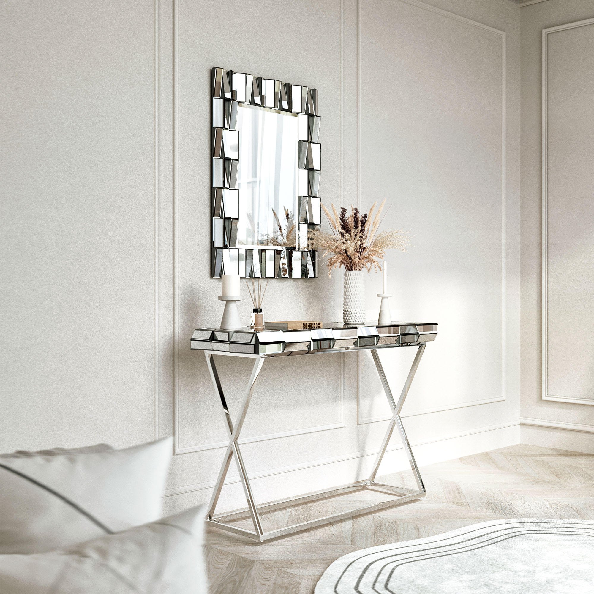 CARME Home Knightsbridge Rectangle Mirror & Console Table Set - Grey & Silver