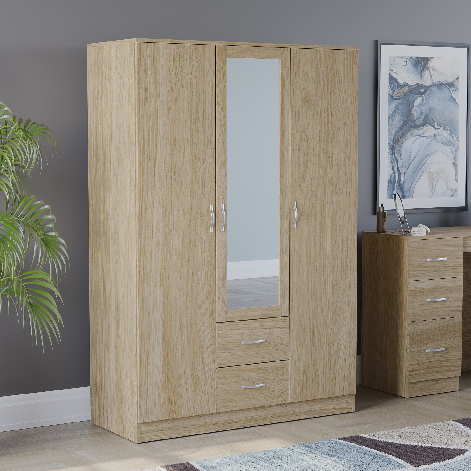 Vida Designs Riano 3 Door 2 Drawer Mirrored Wardrobe - Pine