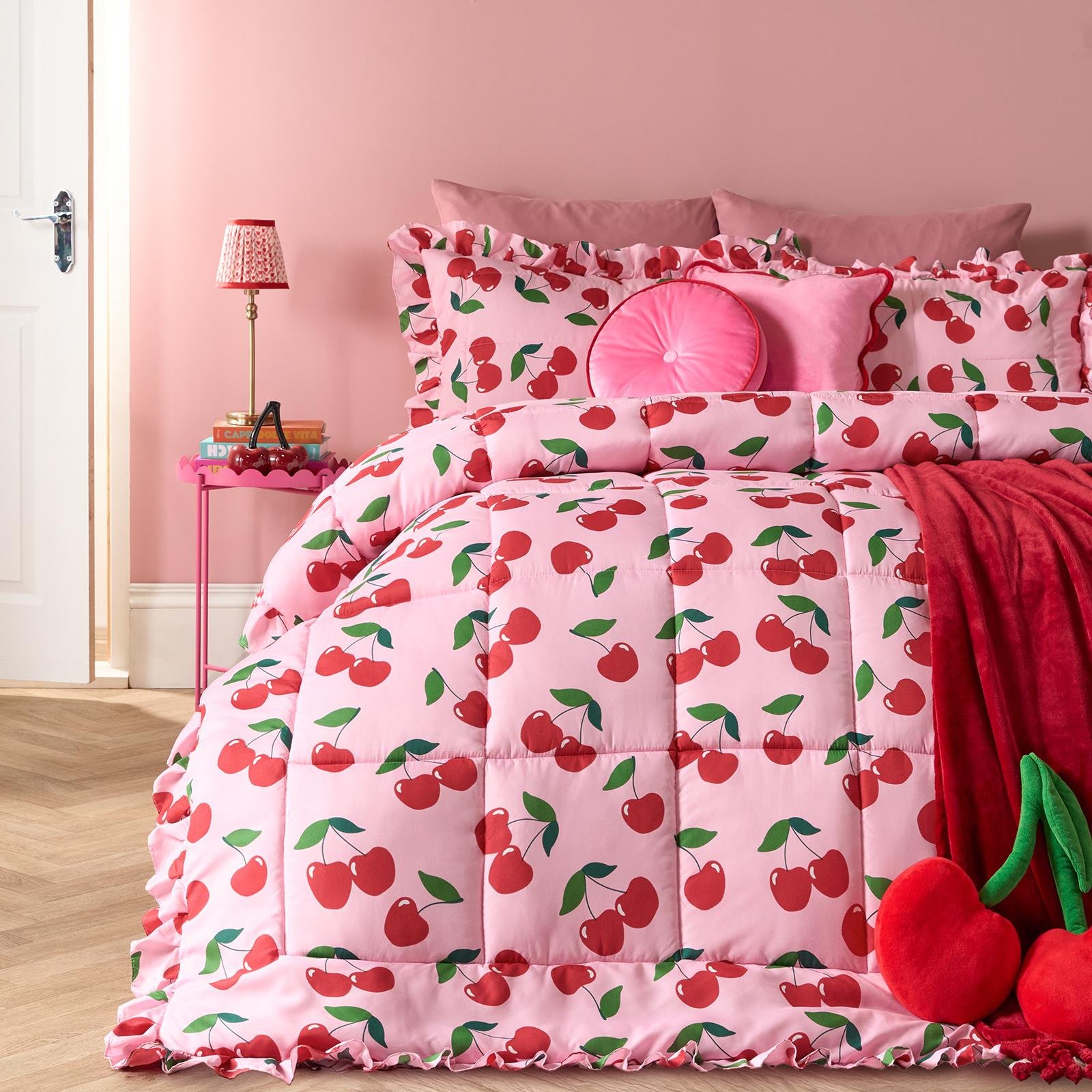 OHS Cherry Frill Edge Coverless 7.5 Tog Duvet Set Pink/Red - King