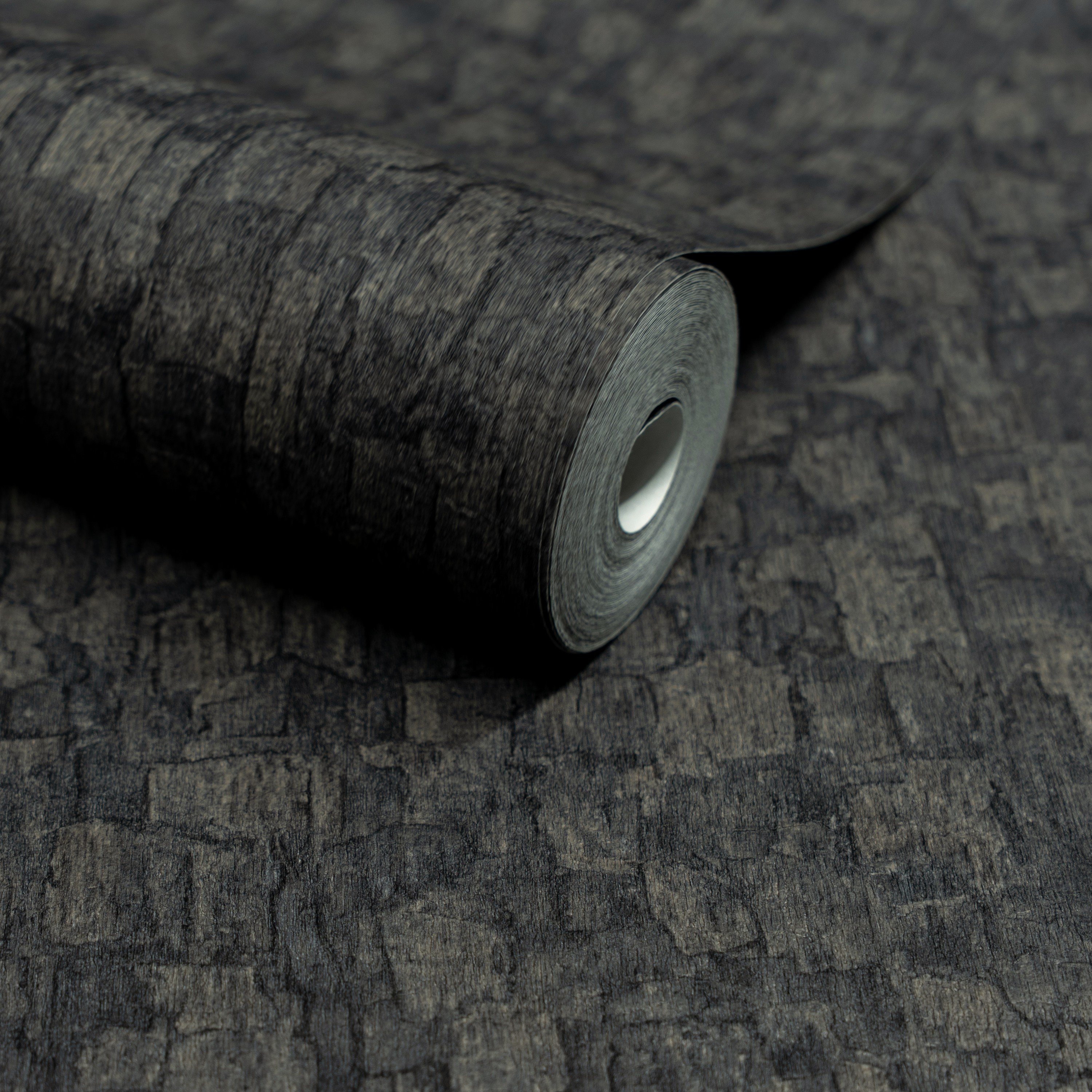Grandeco Boutique Azobe Cork Effect Embossed Wallpaper - Charcoal Black