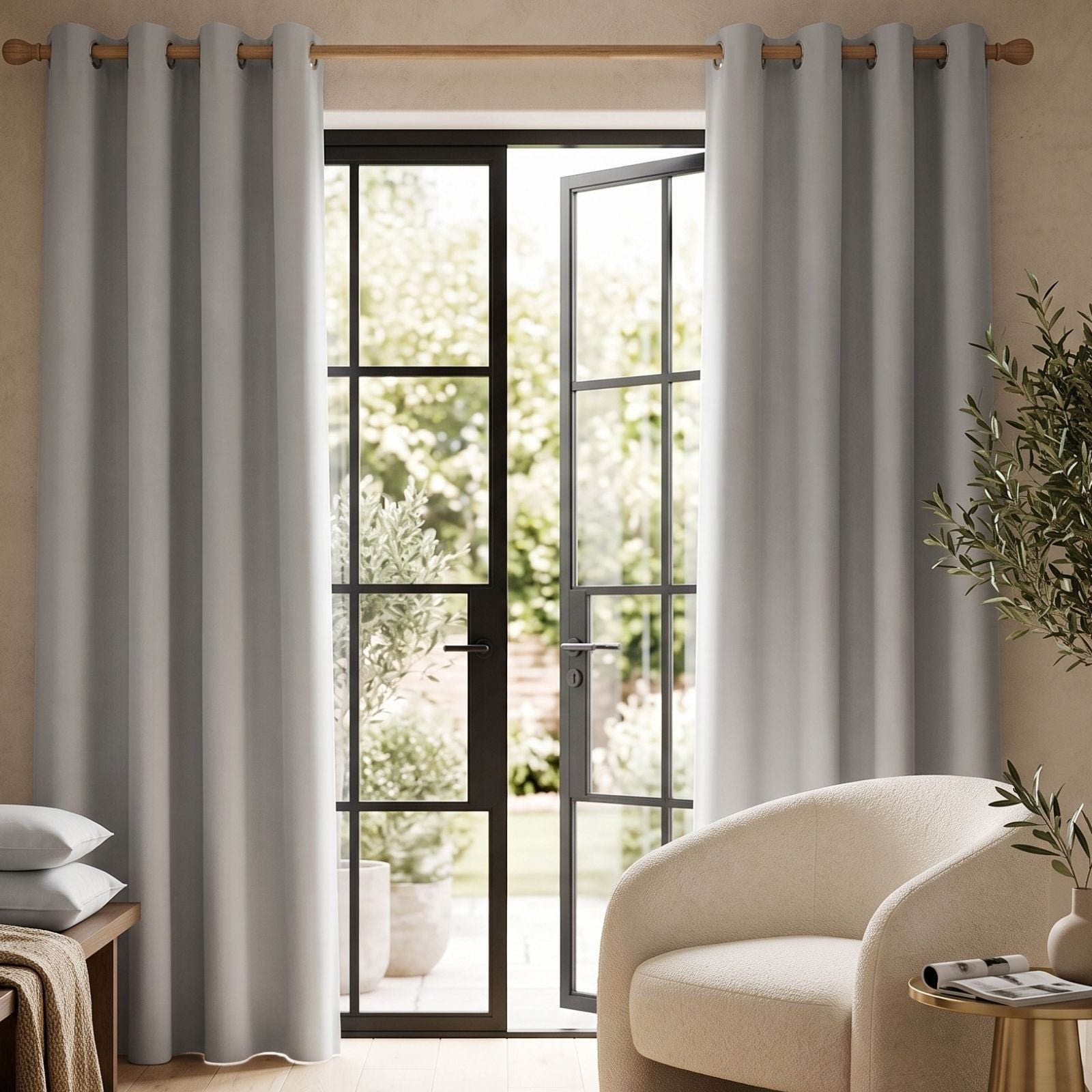 Homescapes Off Grey Plain Cotton Eyelet Curtains - 117cm x 137cm