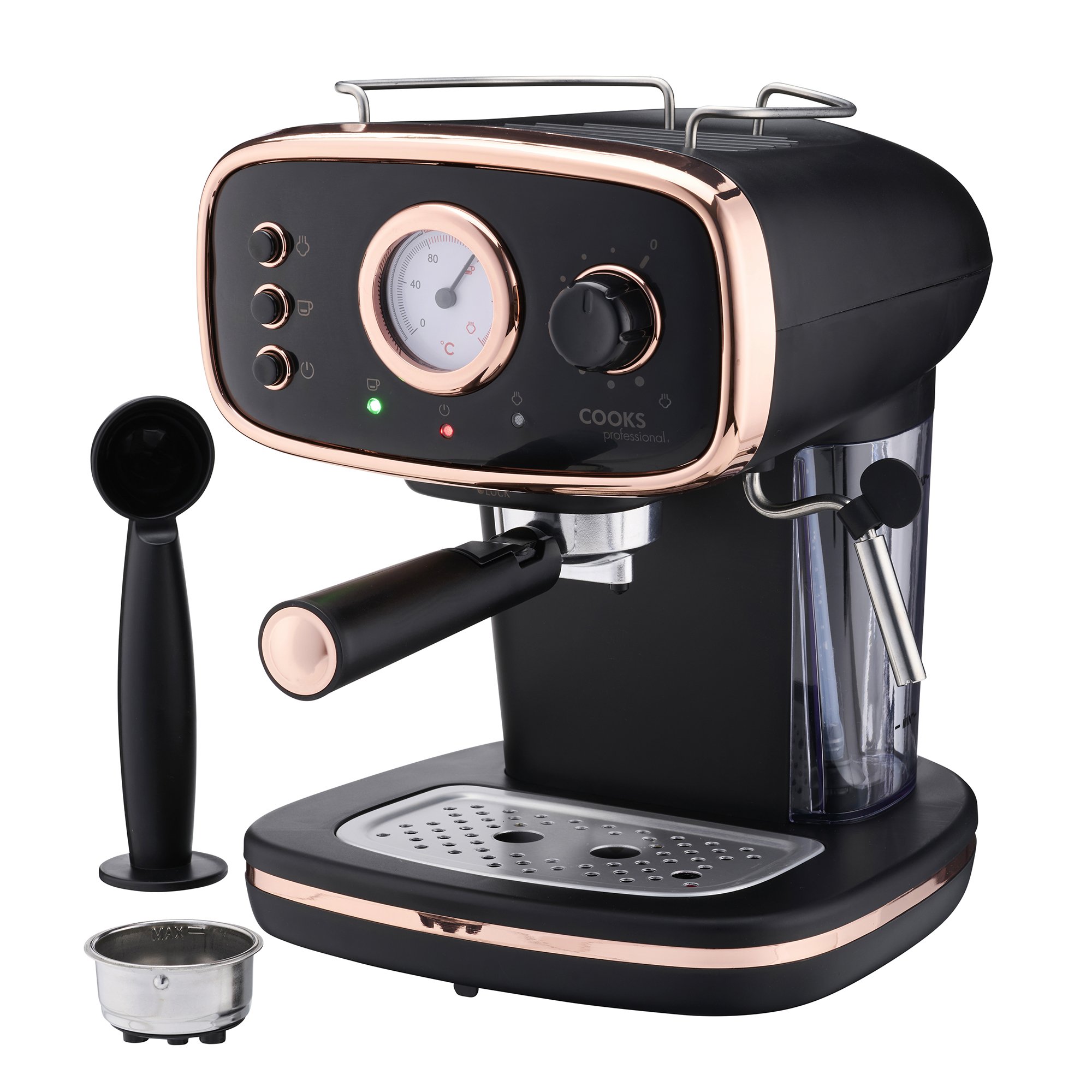 Cooks Professional Retro Espresso Machine 1.2L with Steam Wand - Black/Copper