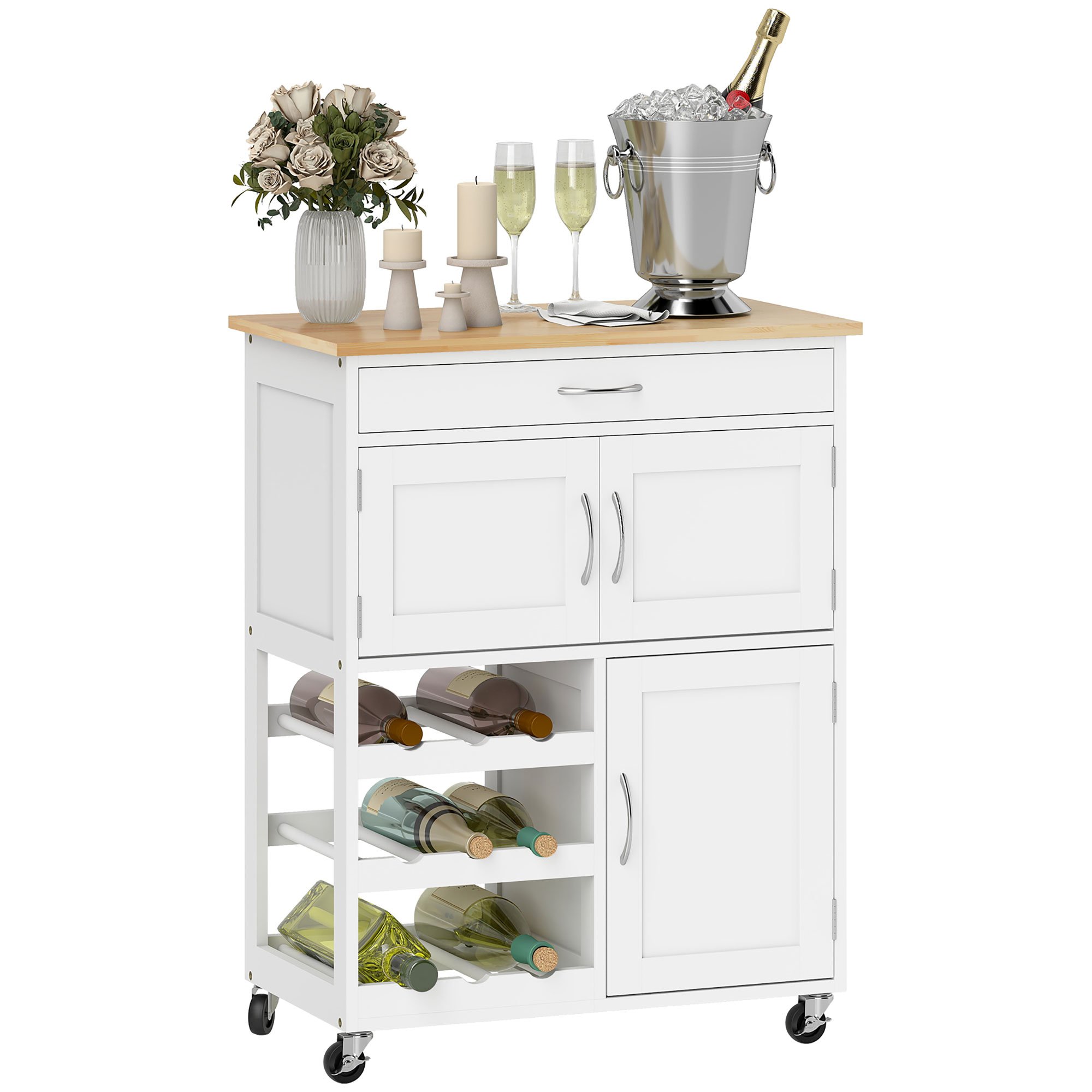 HOMCOM Kitchen Trolley on wheels with 9 Bottle Wine Rack - White