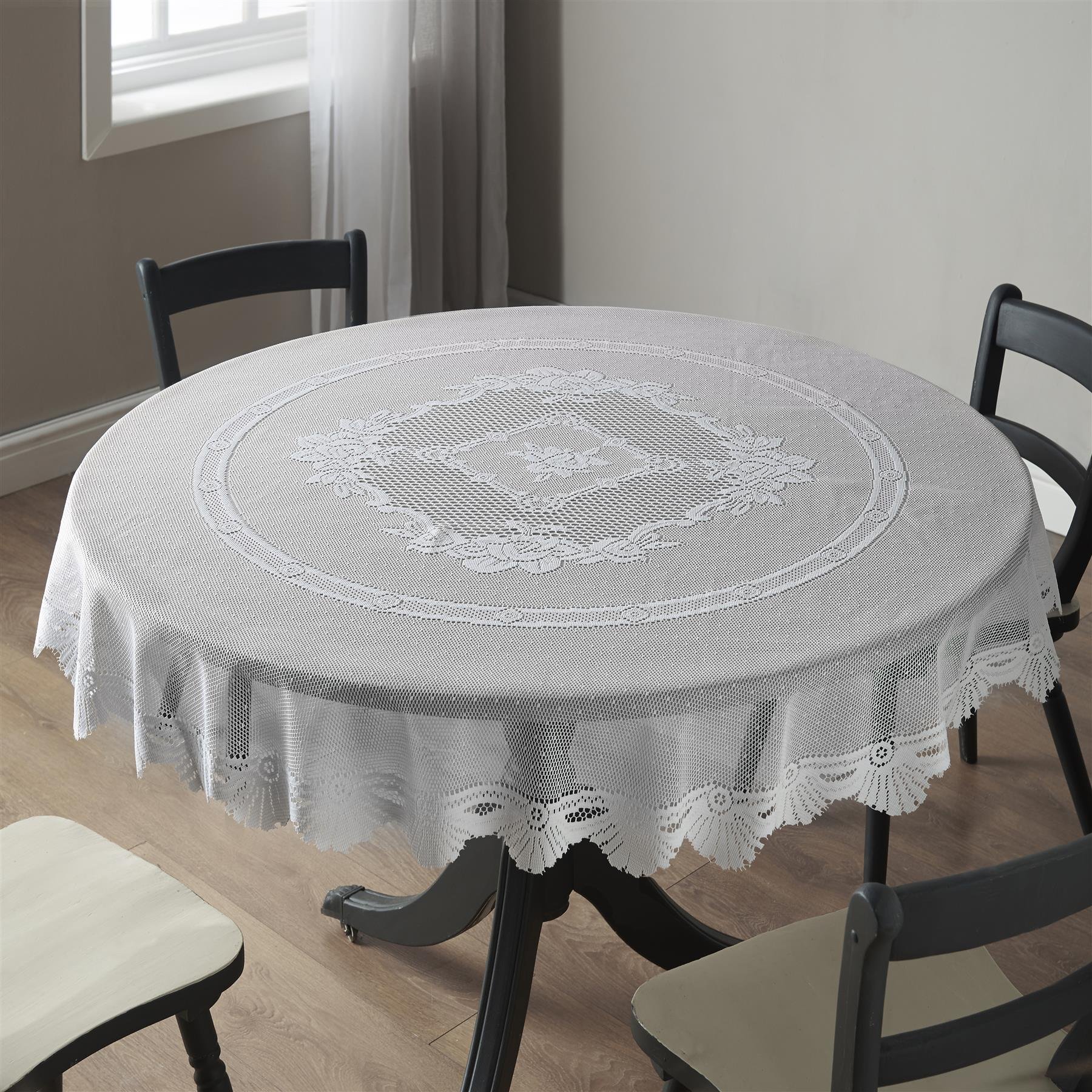 Luxury Living 183cm Leaf Lace Round Tablecloth with Scalloped Edge - White
