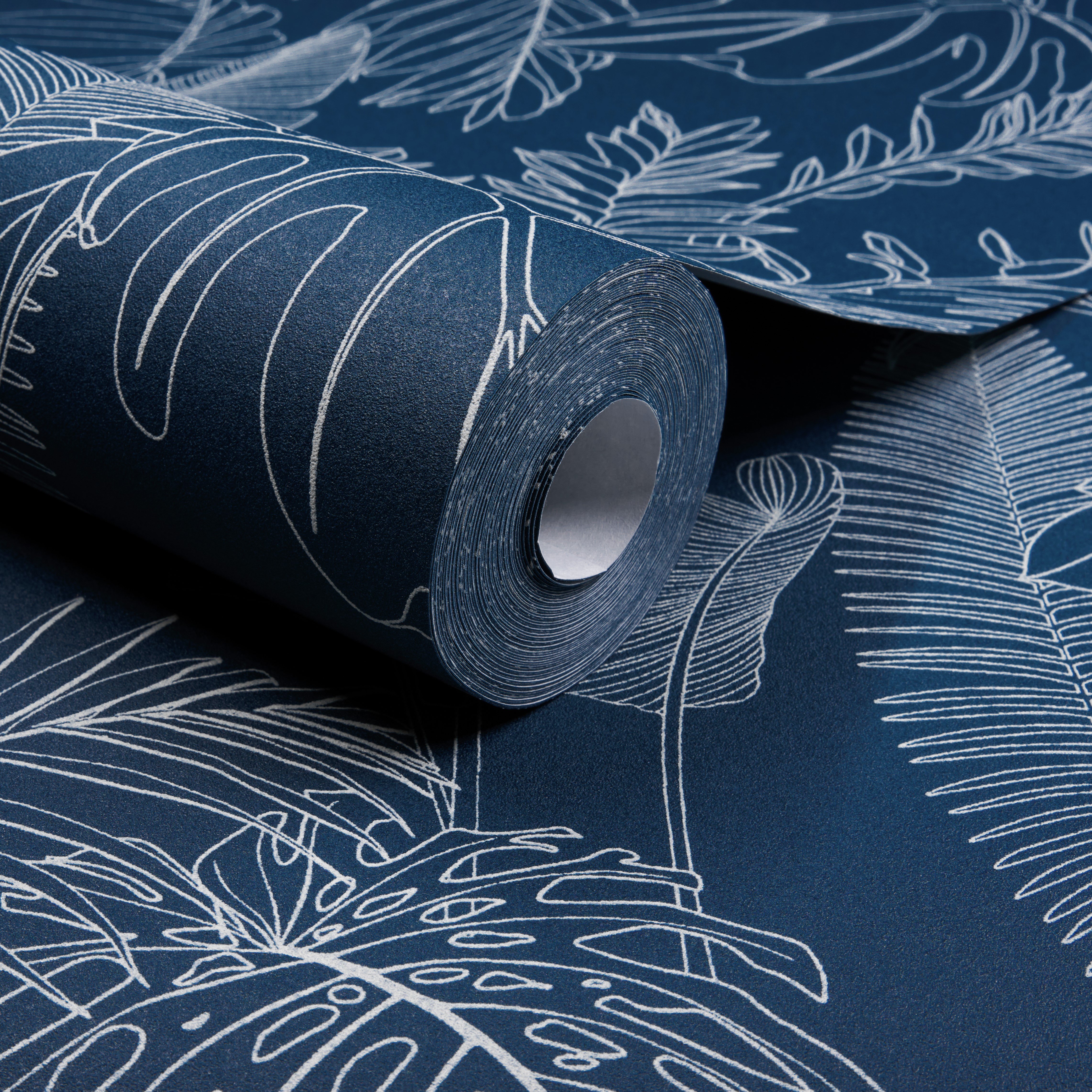 Grandeco Galapalos Sketch Leaf Sprig Foliage Blown Vinyl Wallpaper - Navy