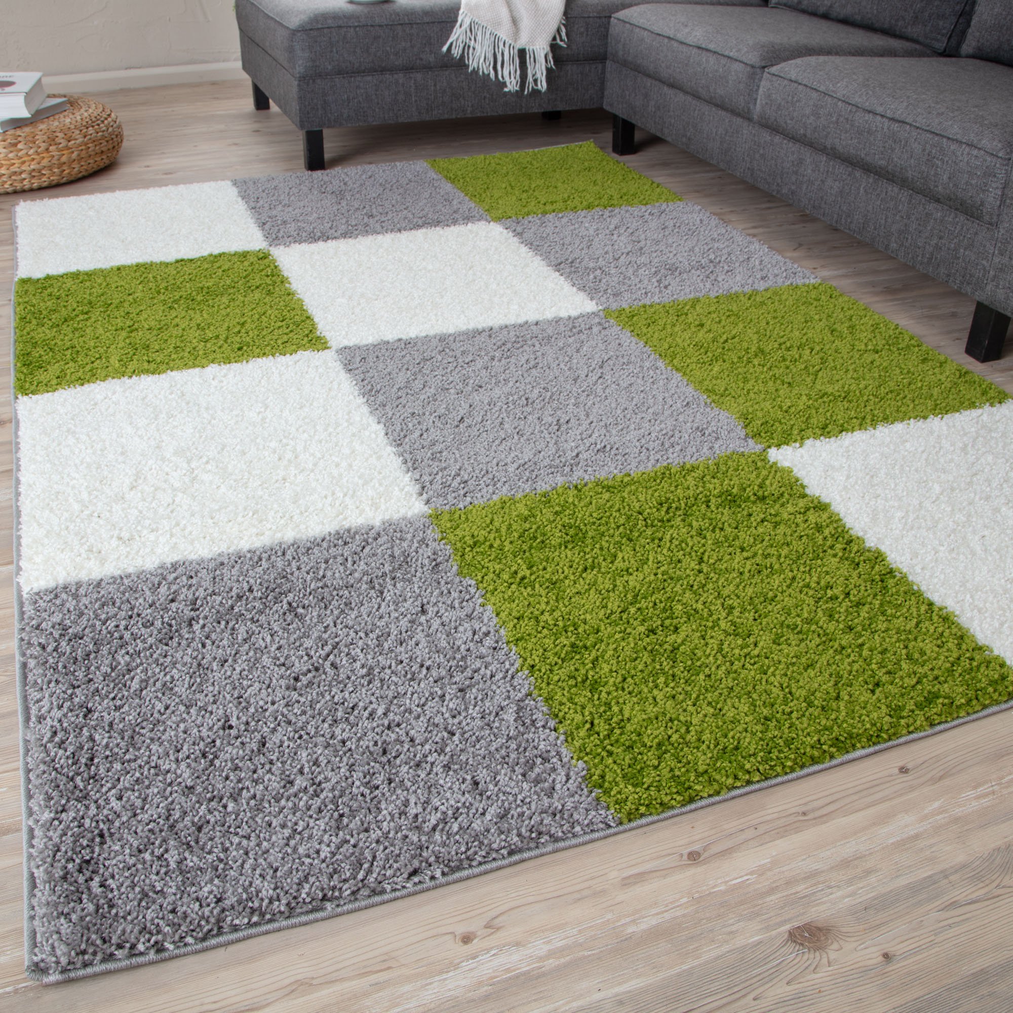 The Rugs Green Myshaggy Checkered Shaggy Rug - 60 x 110cm