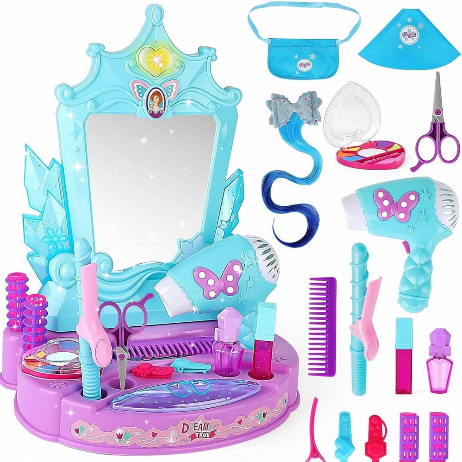 deAO Girls Mirror Toy Dressing Table Playset - Blue