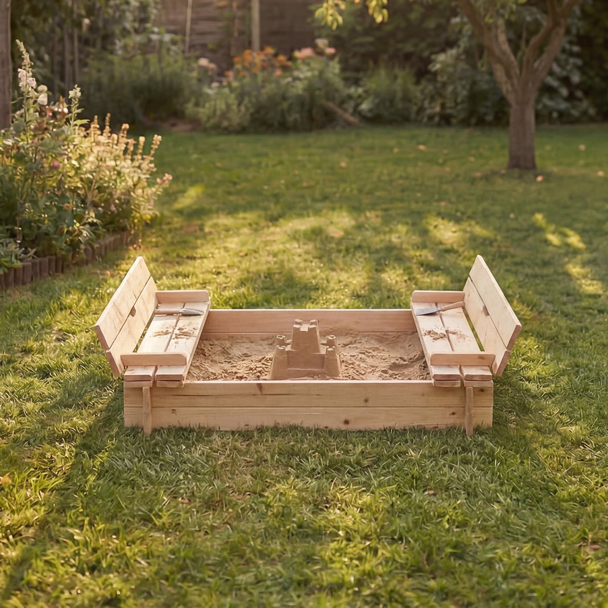 Charles Bentley Children's Wooden Sandpit with Fold-Down Benches - Beige