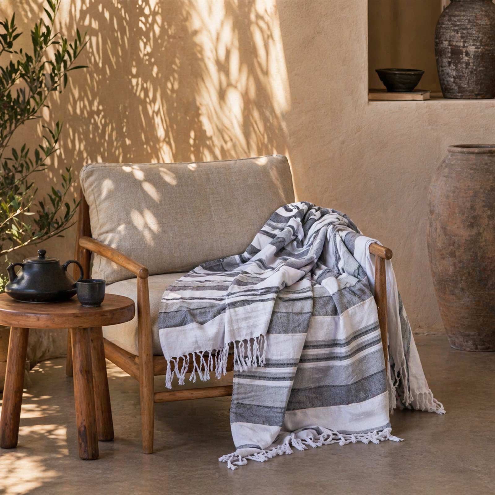 Homescapes Cotton Morocco Striped Throw - 225 x 255 cm - Monochrome