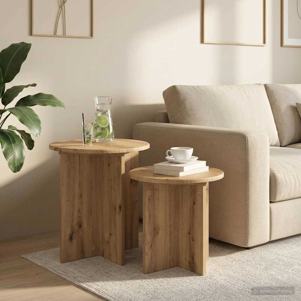 Walplus Pack of 2 Engineered Wood Side Table - Oak - 45 x 45 cm