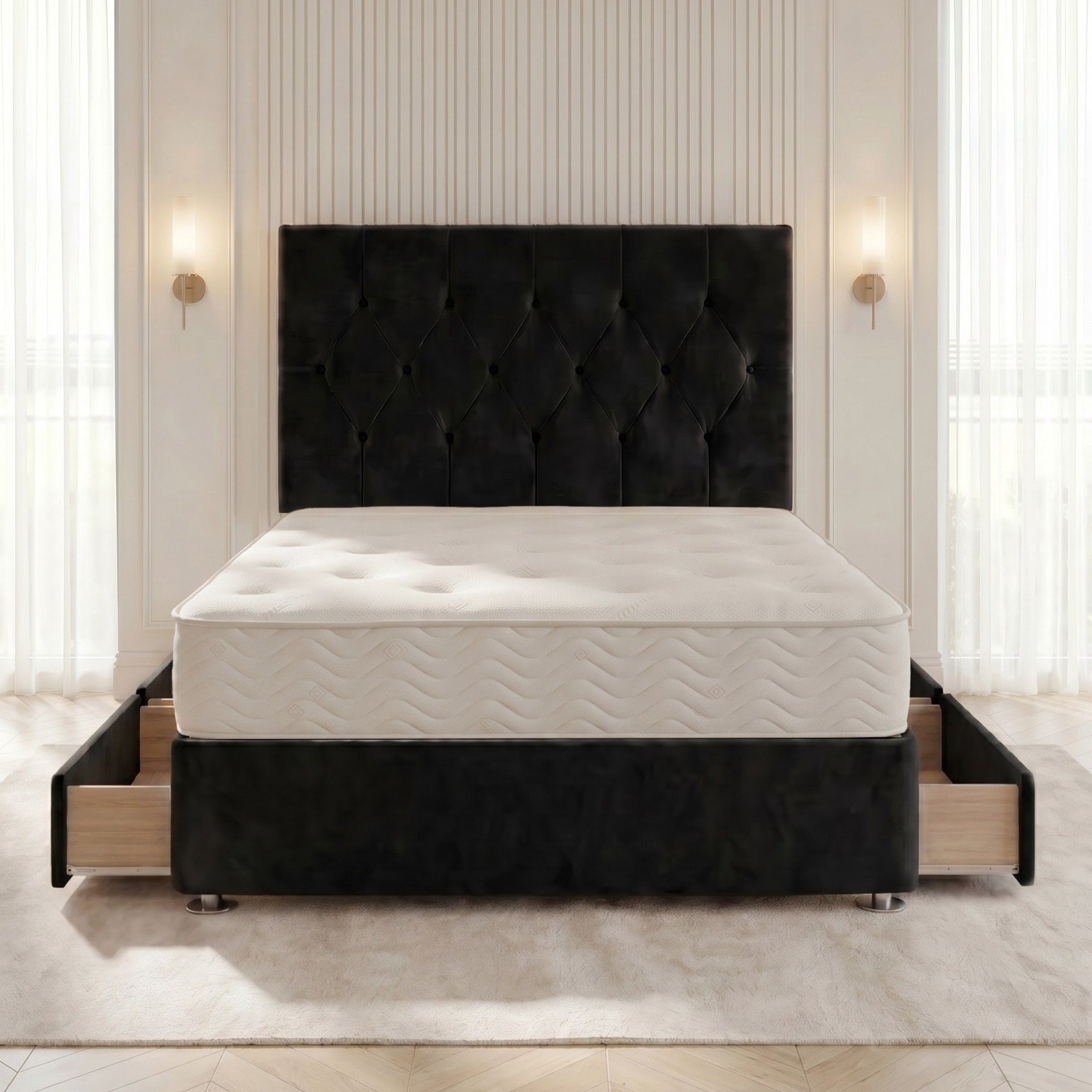 Somnior Chester Velvet Small Double 4 Draw Open Coil Divan Bed Set - Black