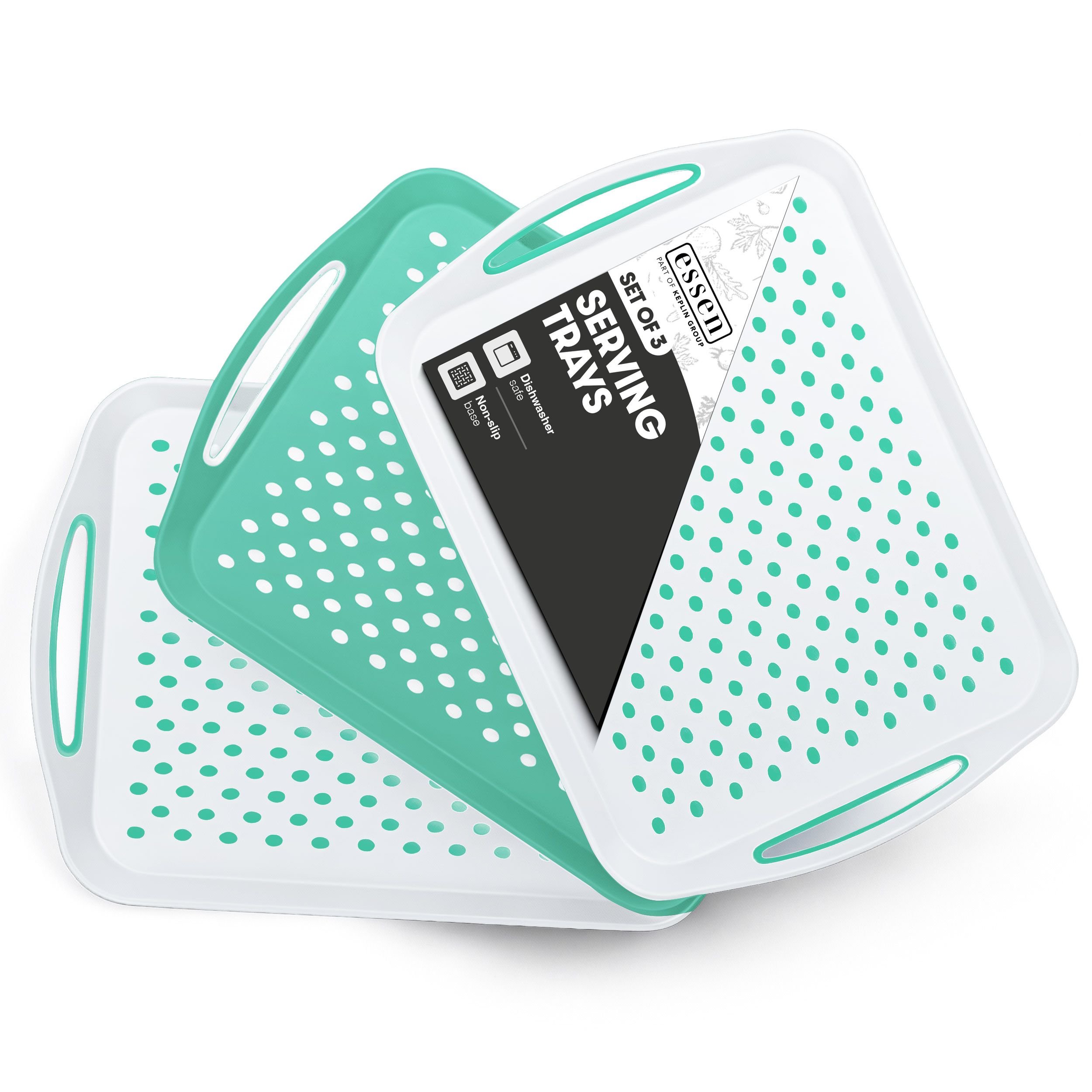 Essen Pack of 3 Non-Slip ABS Plastic Serving Trays - Green & White
