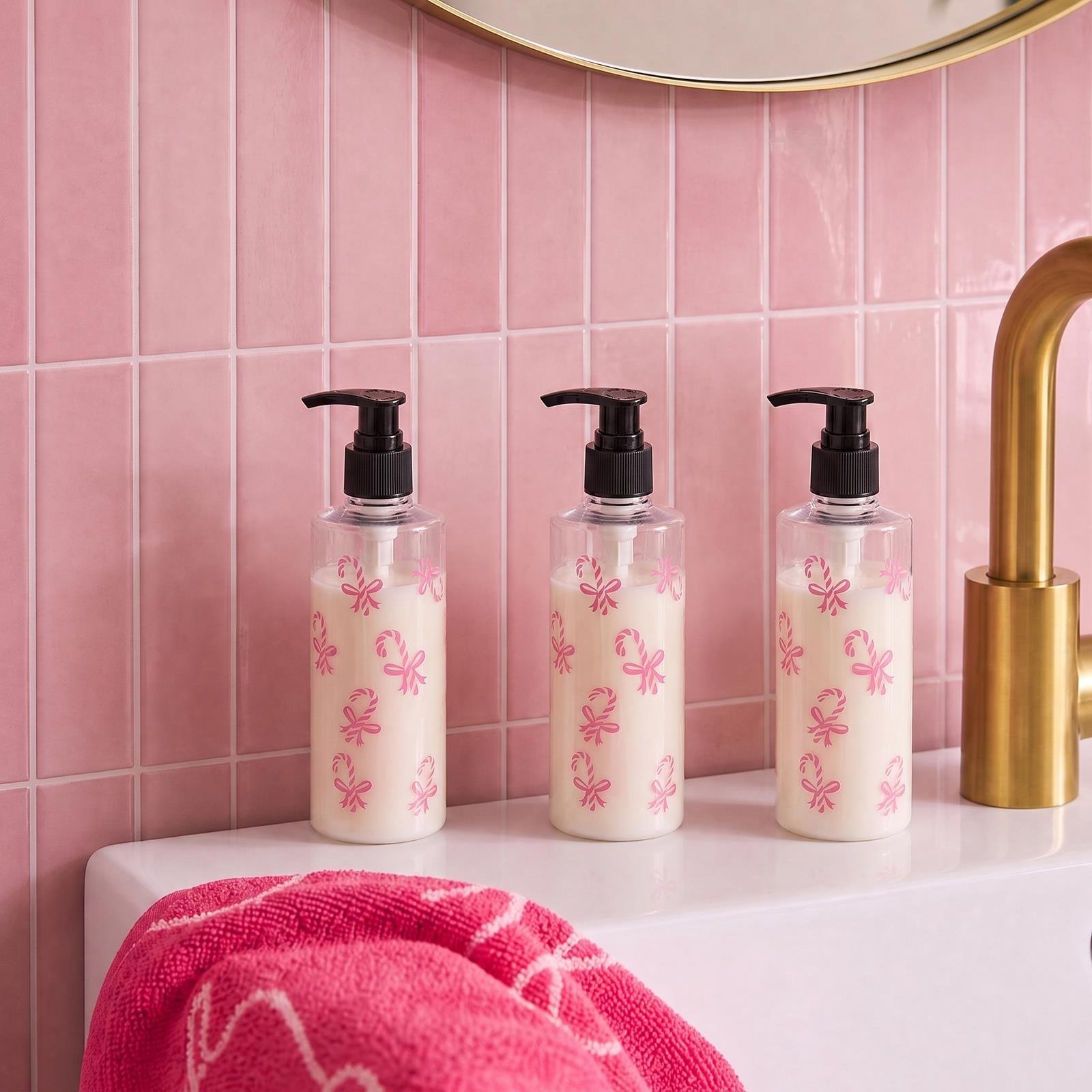 OHS 3 Pack Candy Cane Print Dispenser Bottles - Pink